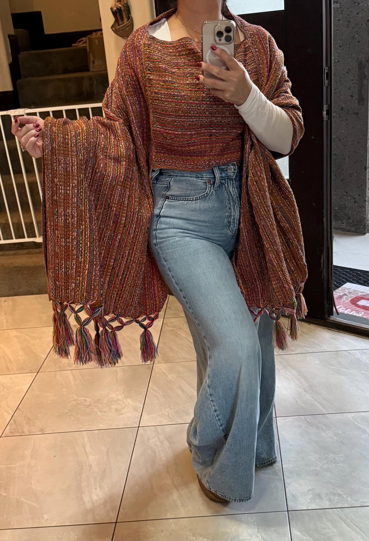 Mexican Rebozo with front panel – Ginger | Brown | Multicolor Shawl from Puebla | 80x28 in | CasaArtMex