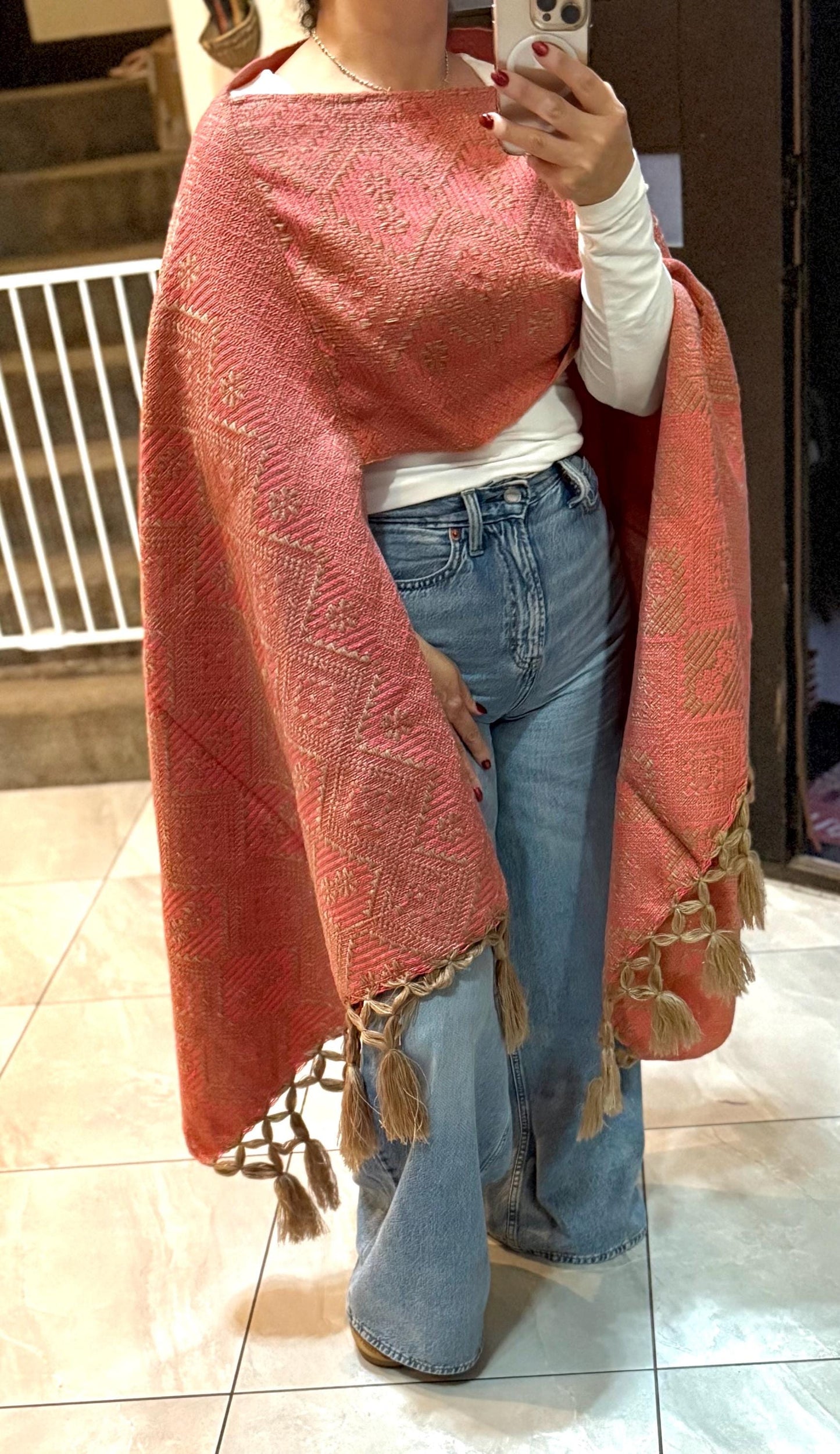 Handwoven Mexican Rebozo – Pink & Khaki Shawl from Puebla | 80x28 in | CasaArtMex