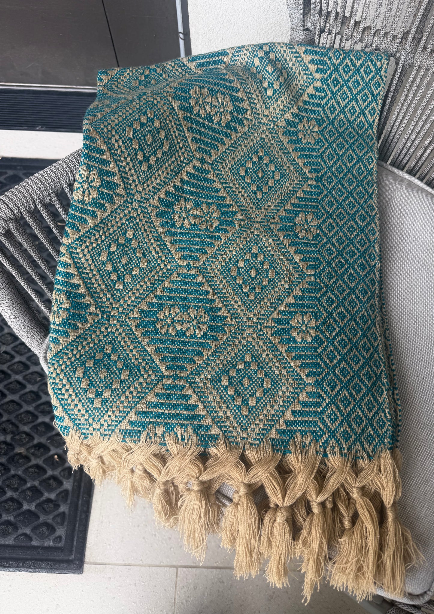 Traditional Handwoven Mexican Rebozo Shawl from Puebla | Khaki and Green | 80x28 in | CasaArtMex