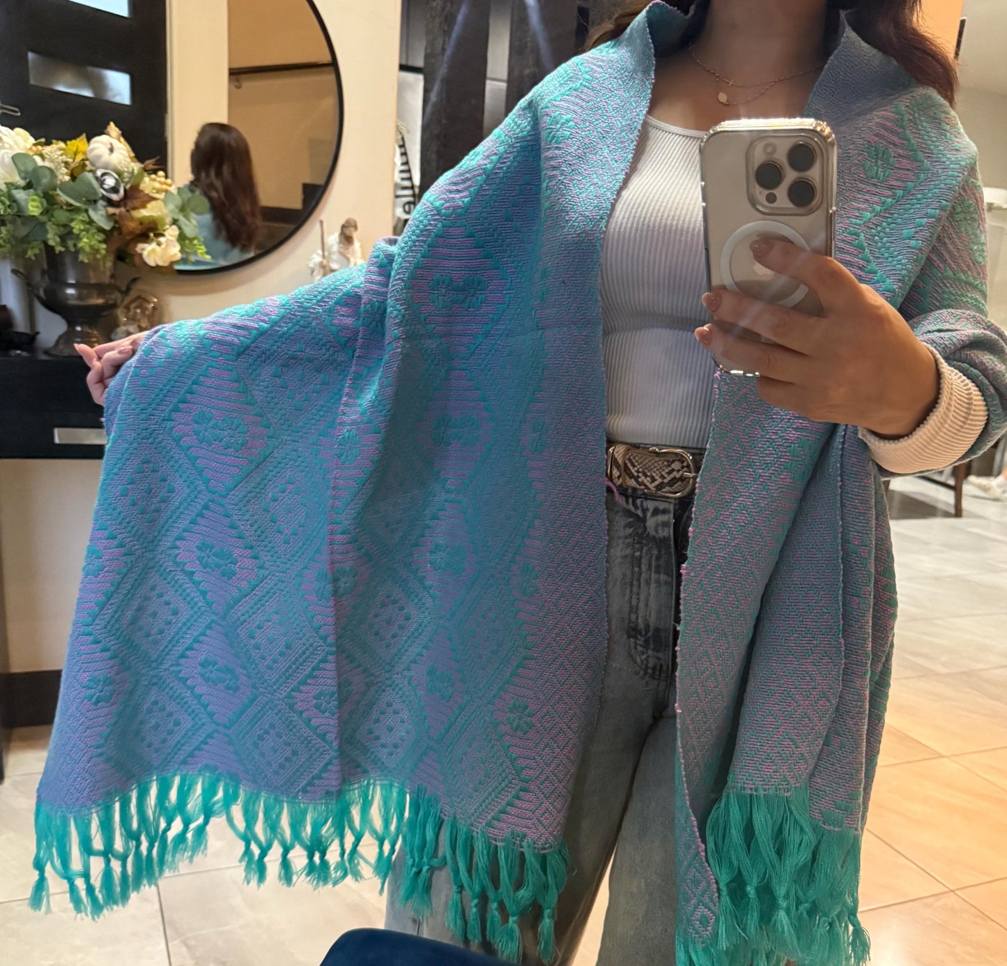 Mexican Rebozo Shawl Turquoise – Purple Handwoven Artisan Wrap – Authentic Mexican Scarf from Puebla