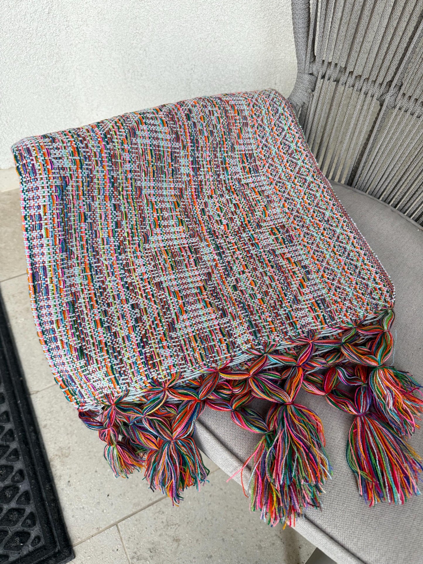 Mexican Rebozo with front panel – Baby blue Multicolor Shawl from Puebla | 80x28 in | CasaArtMex