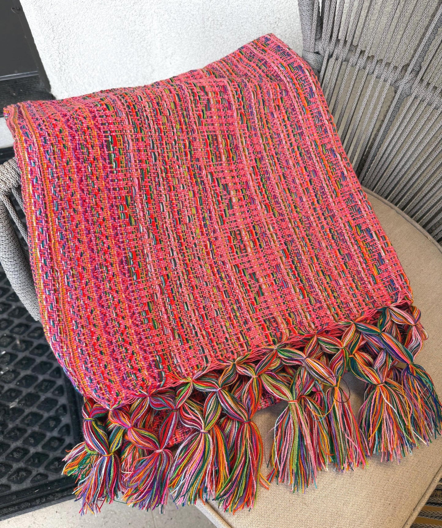 Mexican Rebozo Shawl with panel – Pink Multicolor Artisan Wrap from Puebla