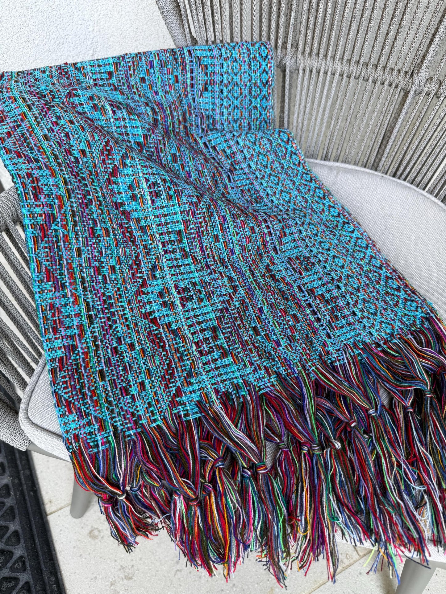 Traditional Mexican Rebozo | Turquoise | Multicolor | Shawl from Puebla | Loom-Woven Shawl | 80x28 in | CasaArtMex