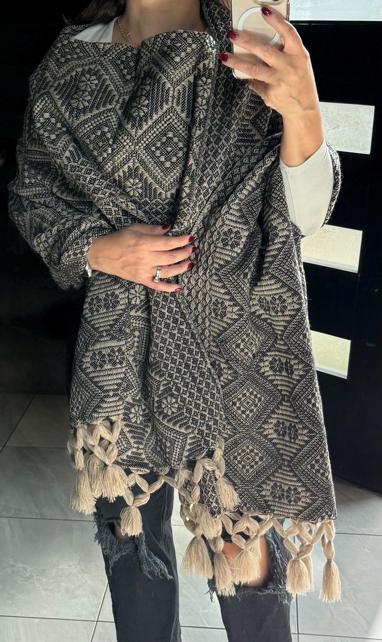 Handwoven Mexican Rebozo – Khaki & Black Shawl from Puebla | 80x28 in | CasaArtMex