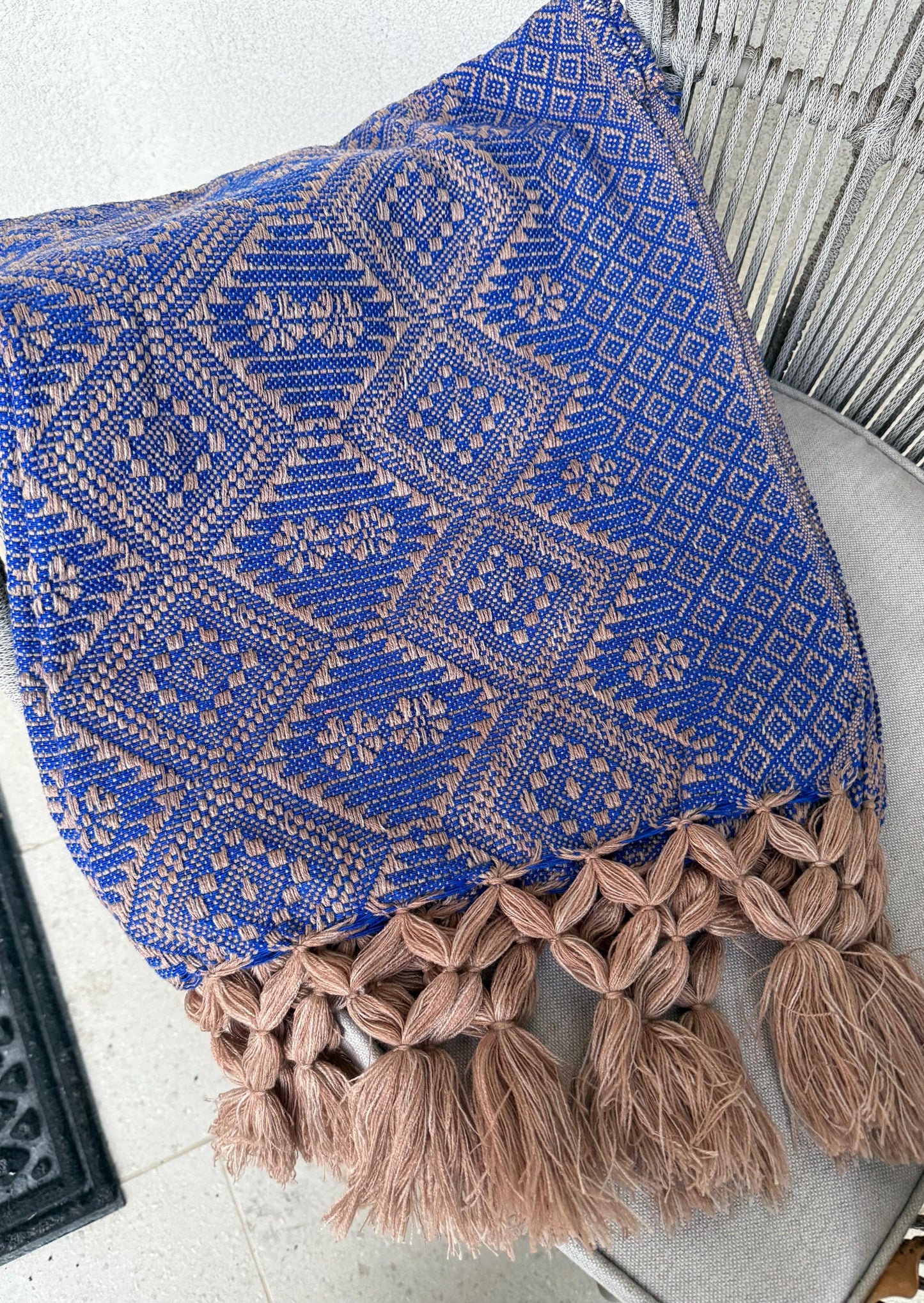 Handwoven Mexican Rebozo – Royal Blue & Khaki Shawl from Puebla | 80x28 in | CasaArtMex