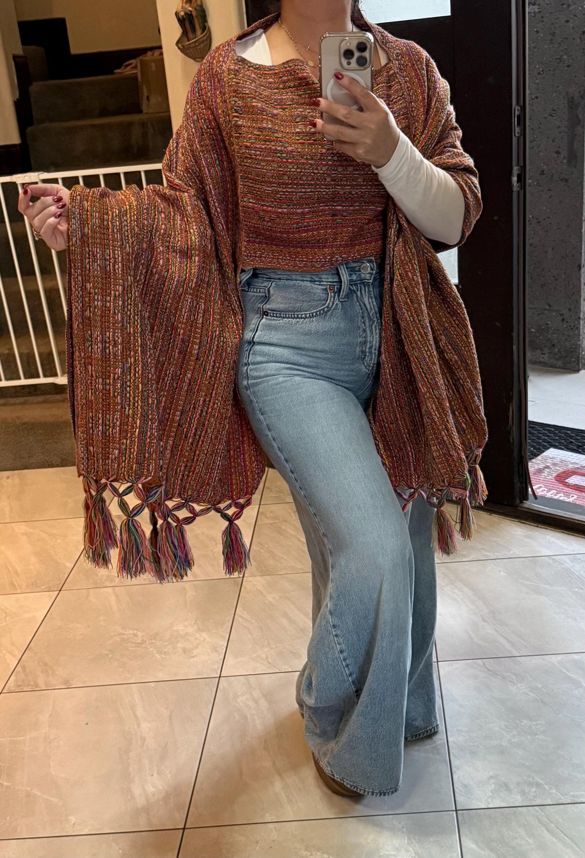 Mexican Rebozo with Pechera – Brown | Ginger | Multicolor Shawl from Puebla | 80×28 in | CasaArtMex