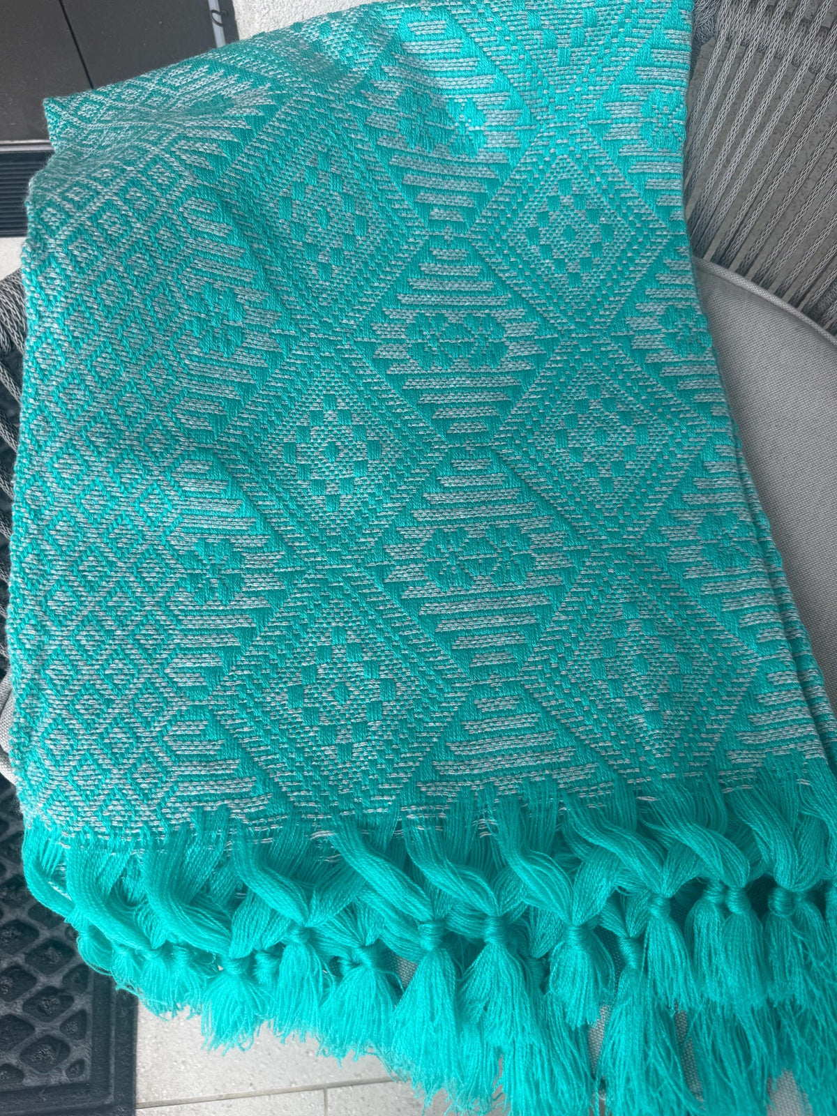 Mexican Rebozo – Turquoise | Gray Shawl from Puebla | 80×28 in | CasaArtMex
