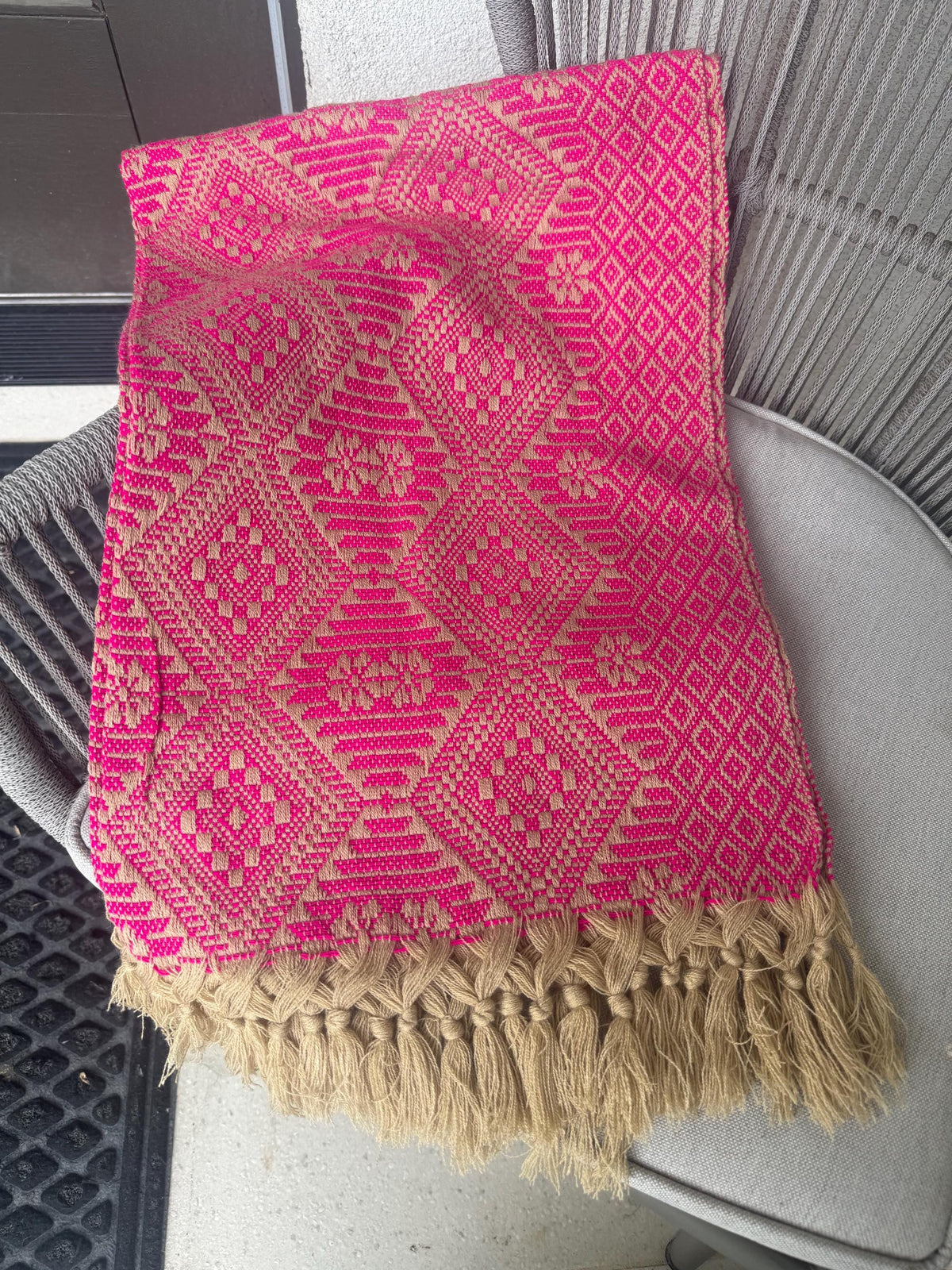 Mexican Rebozo – Khaki | Pink Shawl from Puebla | 80×28 in | CasaArtMex