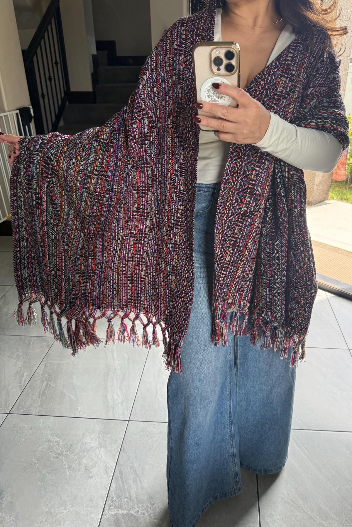 Mexican Rebozo – Multicolor | Black | Shawl from Puebla | 80×28 in | CasaArtMex