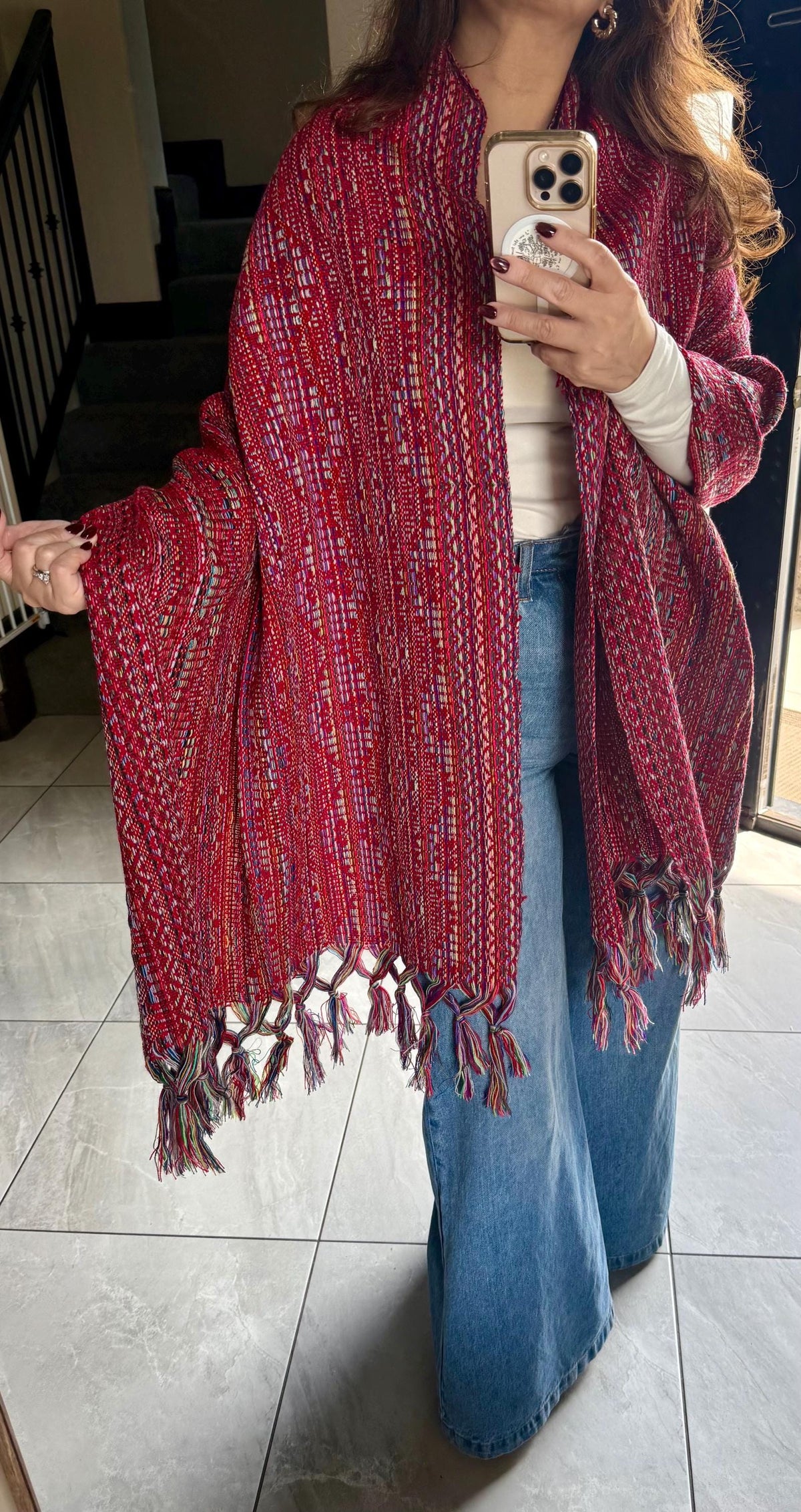 Mexican Rebozo – Multicolor | Red | Shawl from Puebla | 80×28 in | CasaArtMex