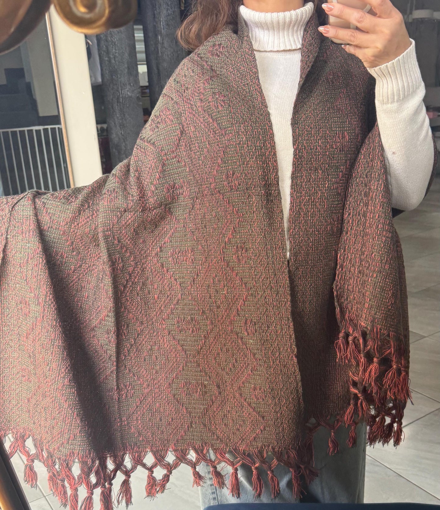 Handwoven Mexican Rebozo Shawl – Charcoal, Green & Peach, Puebla Artisan Craft