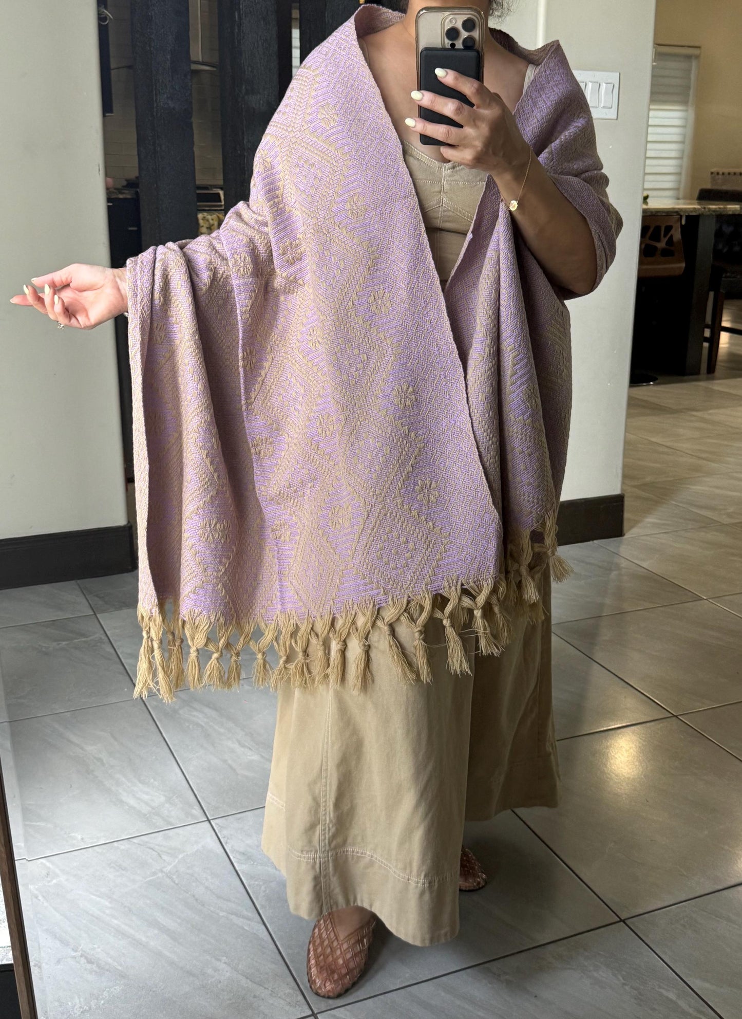 Traditional Handwoven Mexican Rebozo Shawl from Puebla | Lavender & Khaki  Shawl | 80x28 in | CasaArtMex