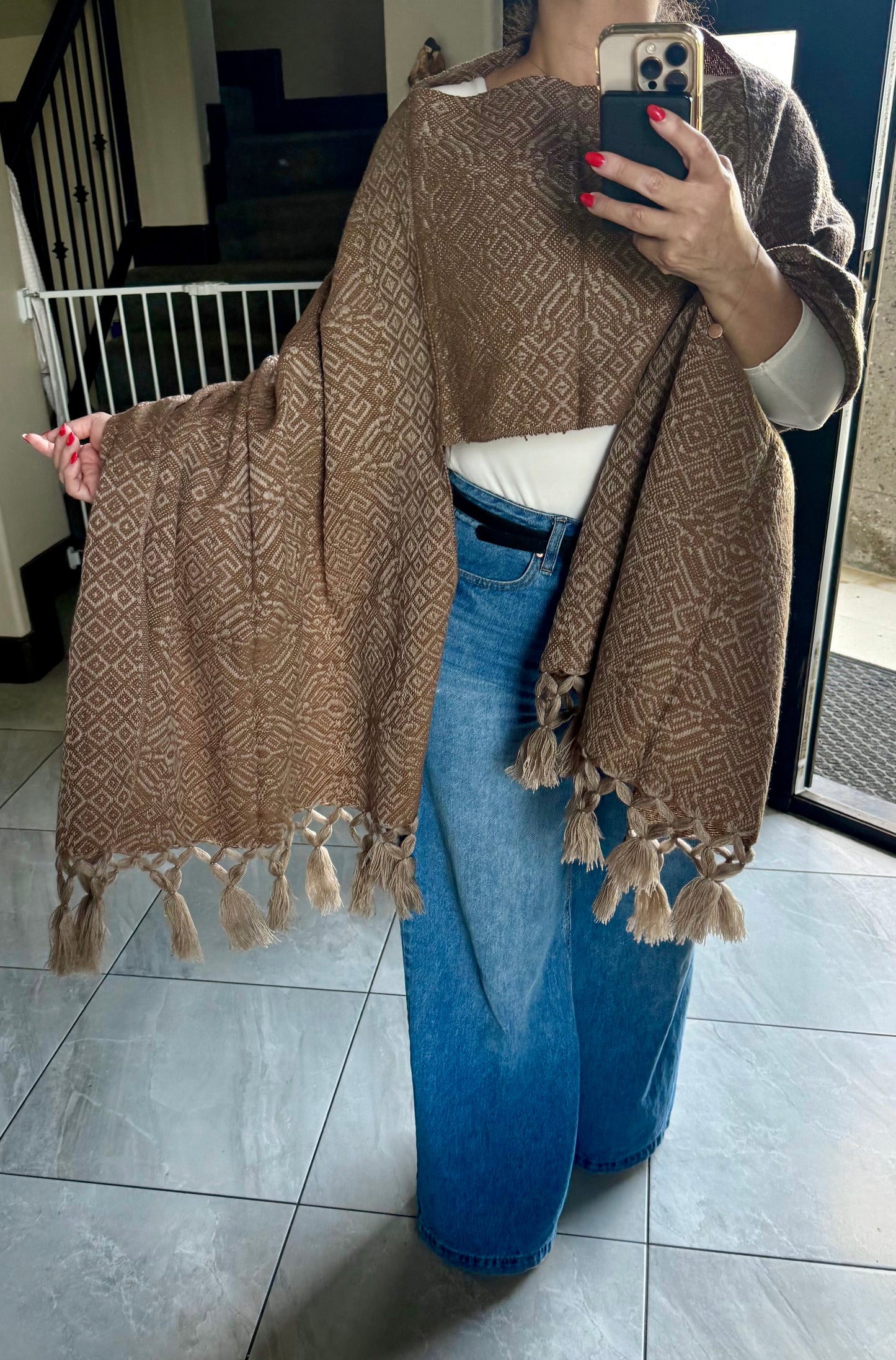Handwoven Mexican Rebozo – Khaki and Brown Shawl from Puebla | 80x28 in | CasaArtMex