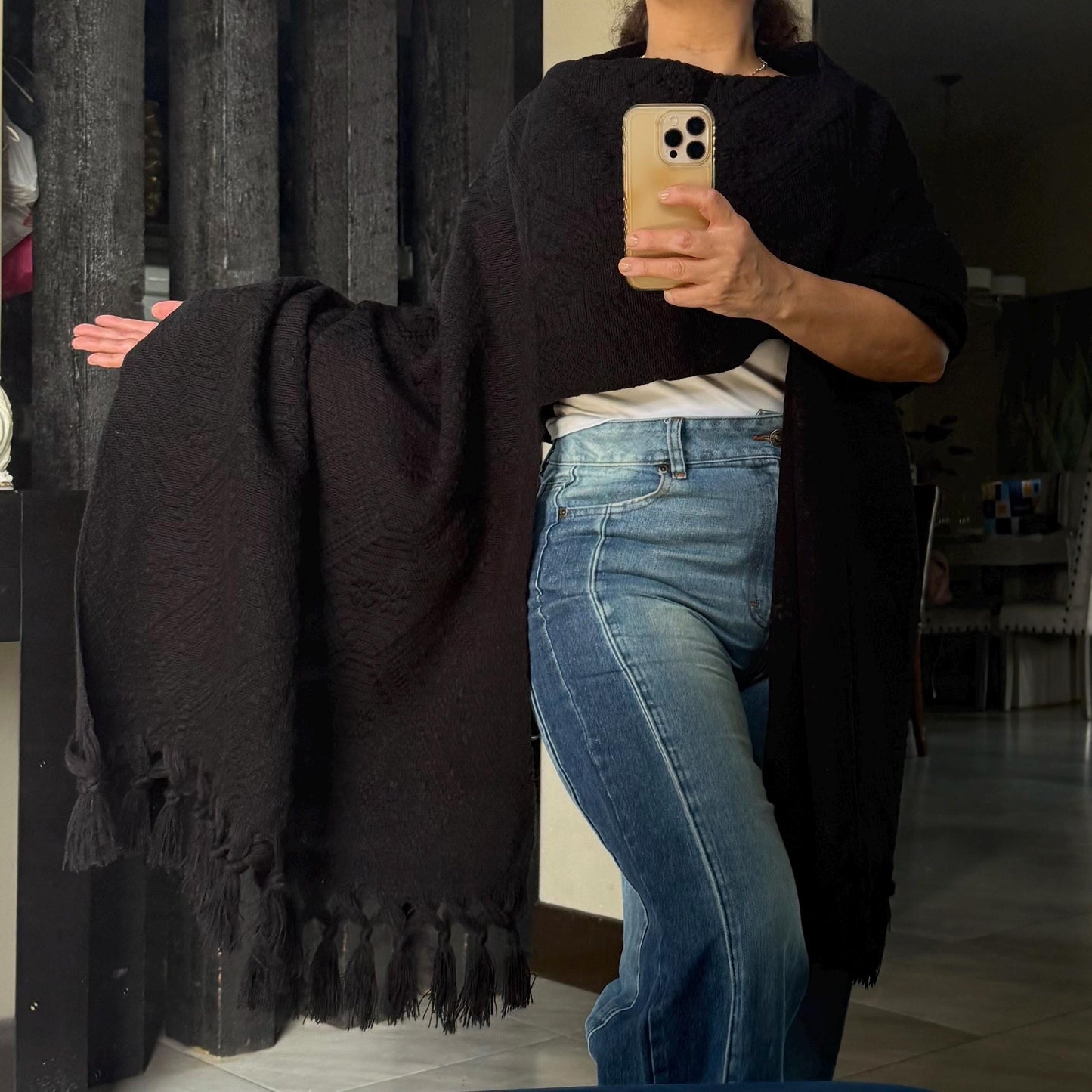 Handwoven Mexican Rebozo – Traditional Black Shawl from Puebla | 80x28 in | CasaArtMex