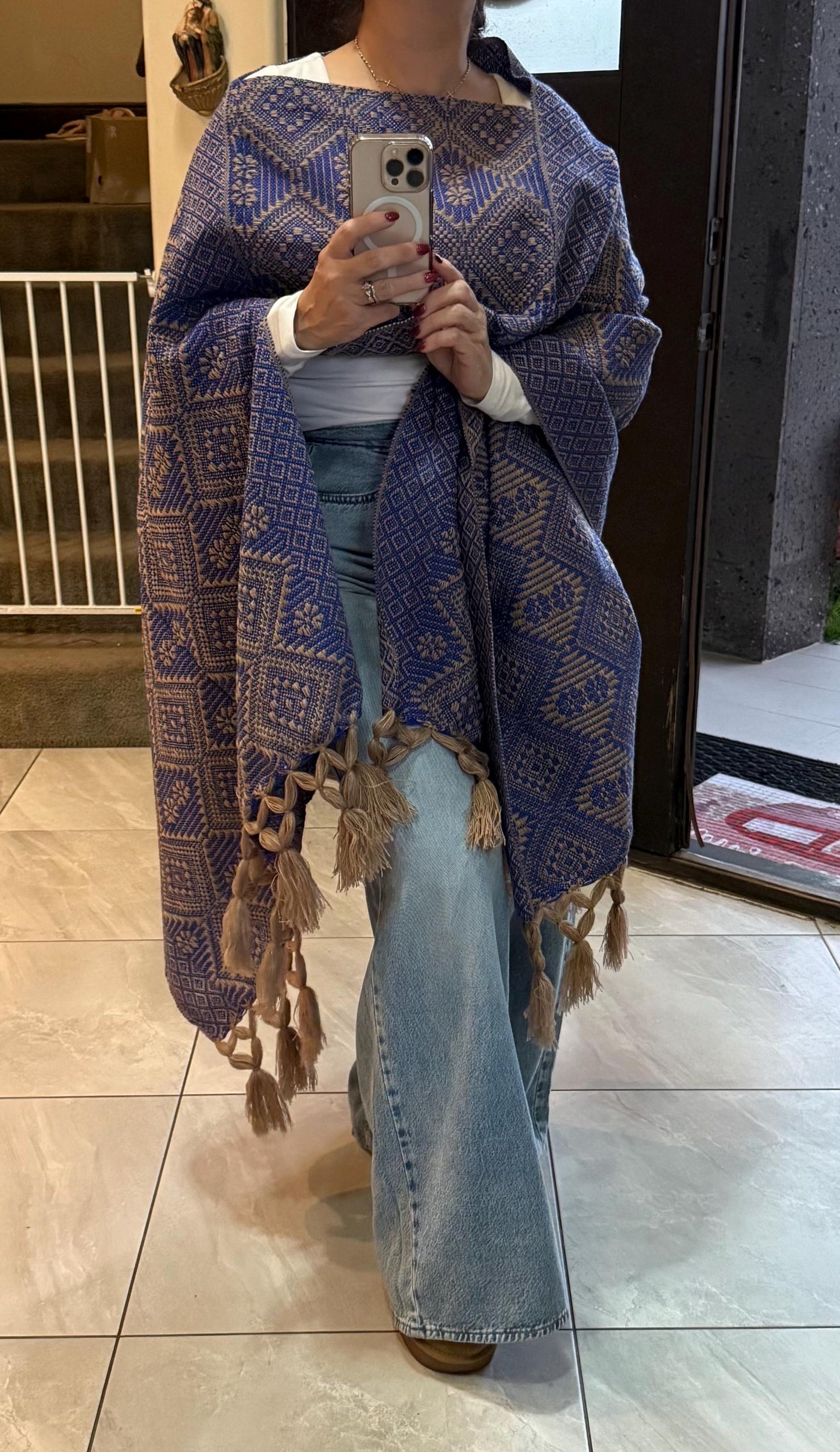 Handwoven Mexican Rebozo – Royal Blue  & Khaki Shawl from Puebla | 80x28 in | CasaArtMex