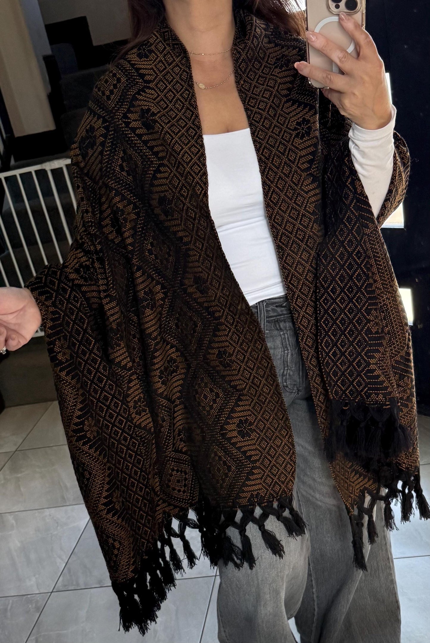 Handwoven Mexican Rebozo Shawl | Black & brown | Traditional Loom-Woven from Puebla – 80x28 in – CasaArtMex