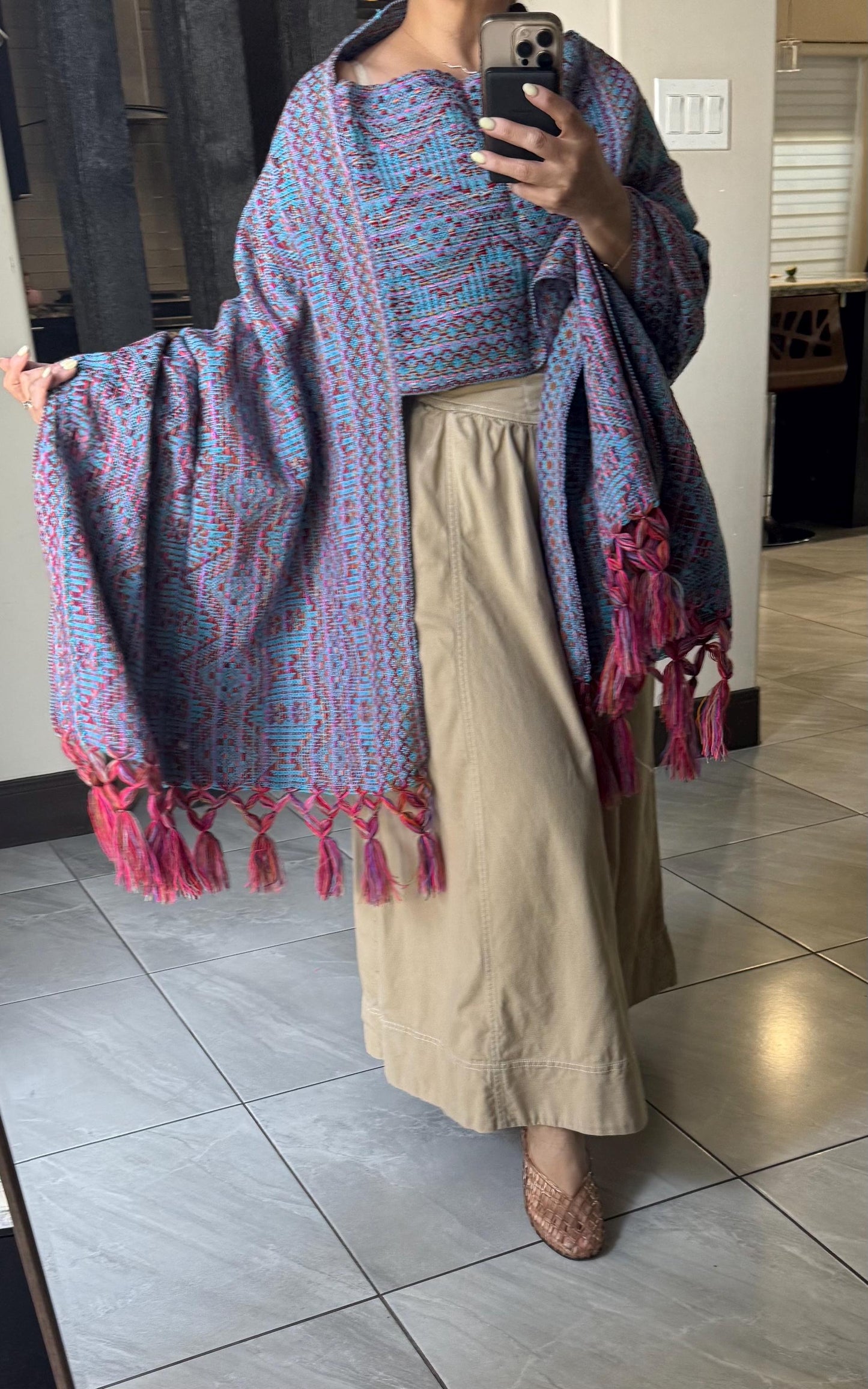 Mexican Rebozo with front panel – Turquoise Multicolor Shawl from Puebla | 80x28 in | CasaArtMex