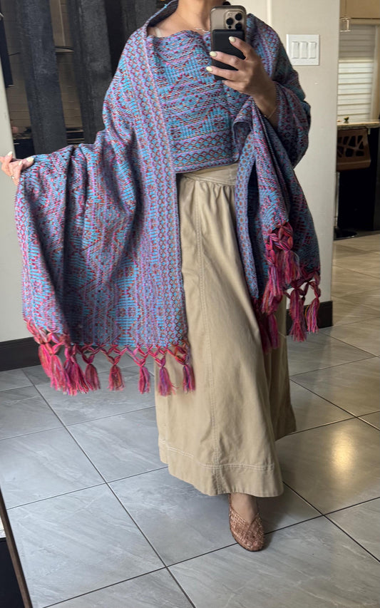 Mexican Rebozo with front panel – Turquoise Multicolor Shawl from Puebla | 80x28 in | CasaArtMex