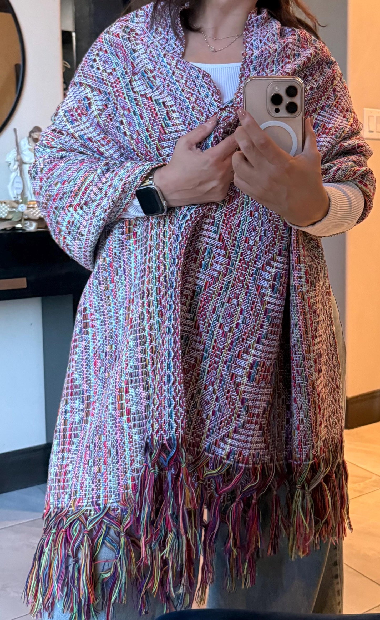 Traditional Mexican Rebozo white | multicolor | rainbow | Shawl from Puebla | Loom-Woven Shawl | 80x28 in | CasaArtMex