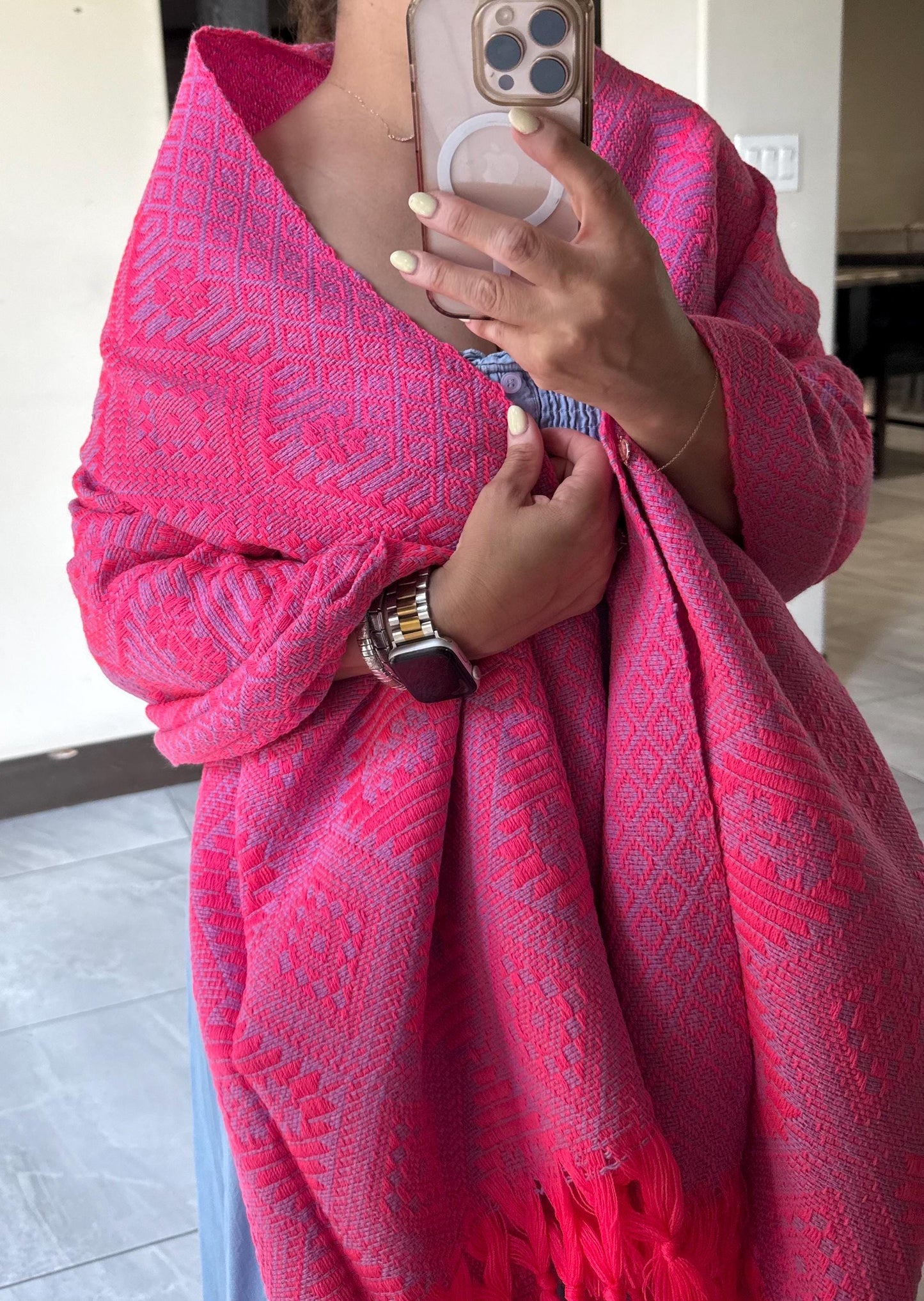 Traditional Mexican Rebozo | Pink | Purple | Shawl from Puebla | Loom-Woven Shawl | 80x28 in | CasaArtMex