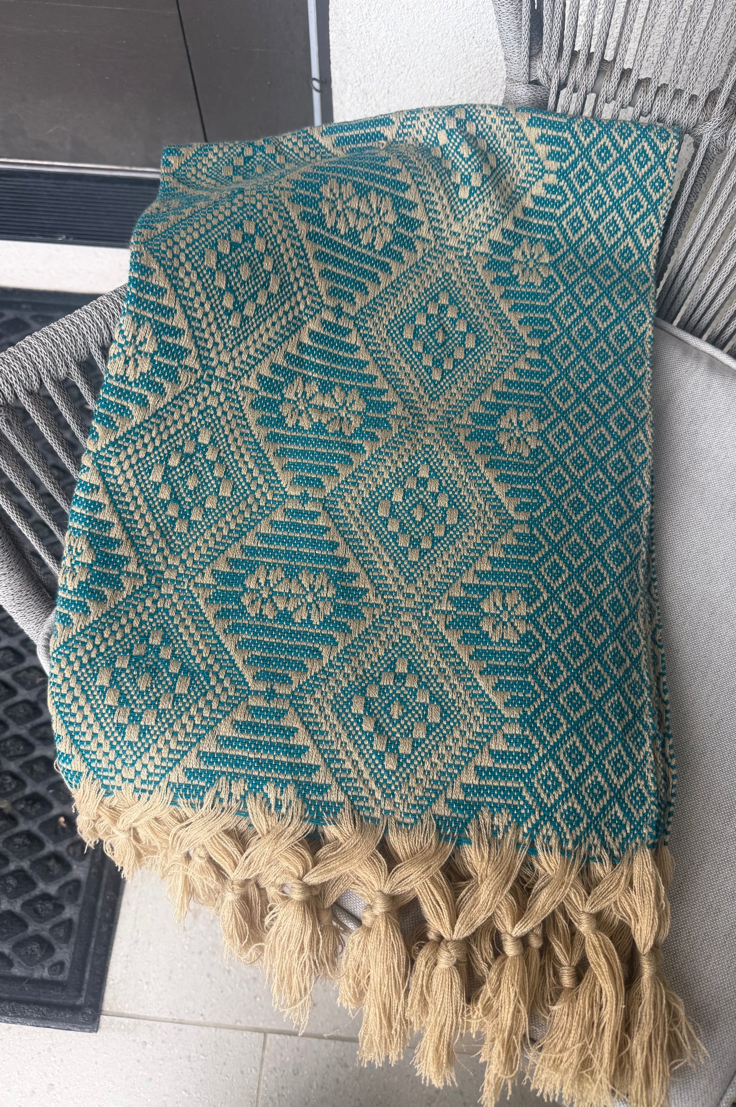 Traditional Handwoven Mexican Rebozo Shawl from Puebla | Khaki and Green | 80x28 in | CasaArtMex