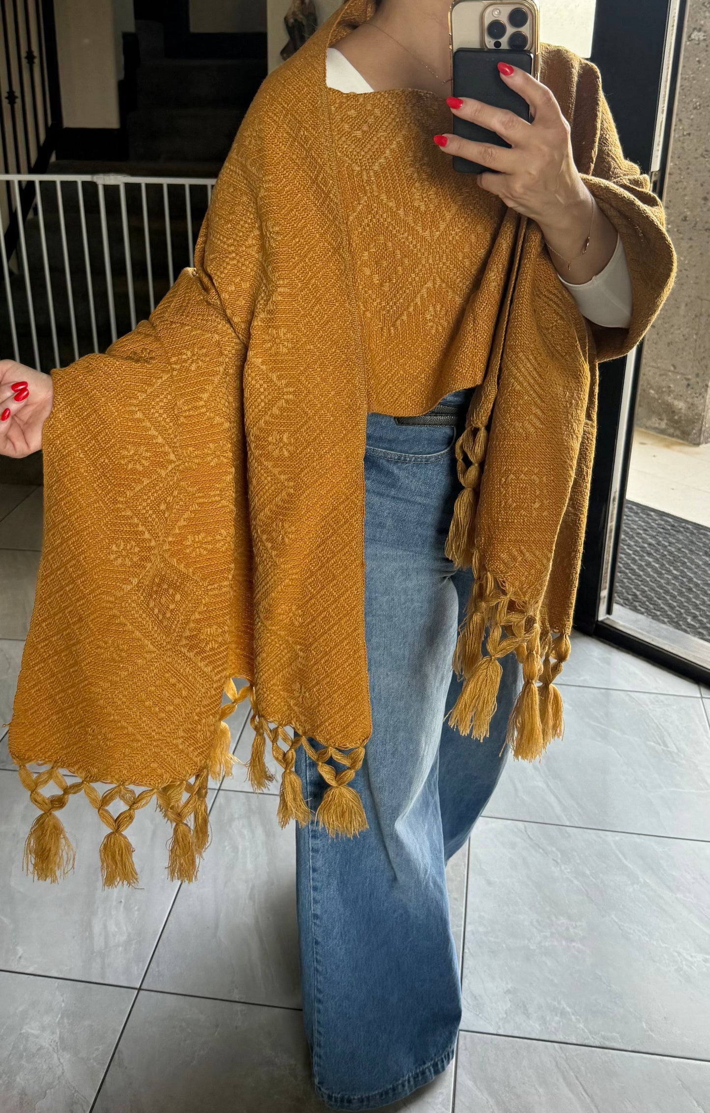 Handwoven Mexican Rebozo – Mustard Shawl from Puebla | 80x28 in | CasaArtMex