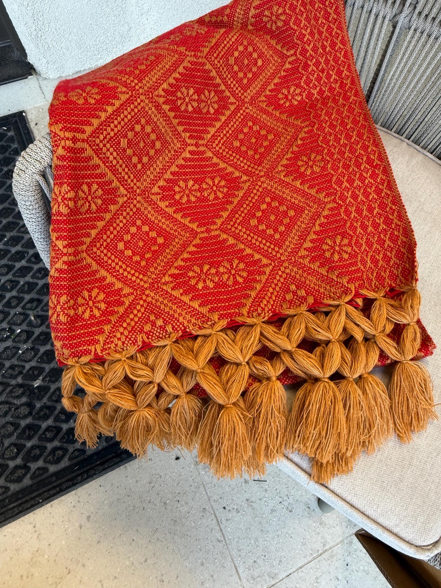 Mexican Rebozo Shawl with front panel (pechera) Gold & Red  – Handwoven Artisan Wrap – Authentic Mexican Scarf from Puebla