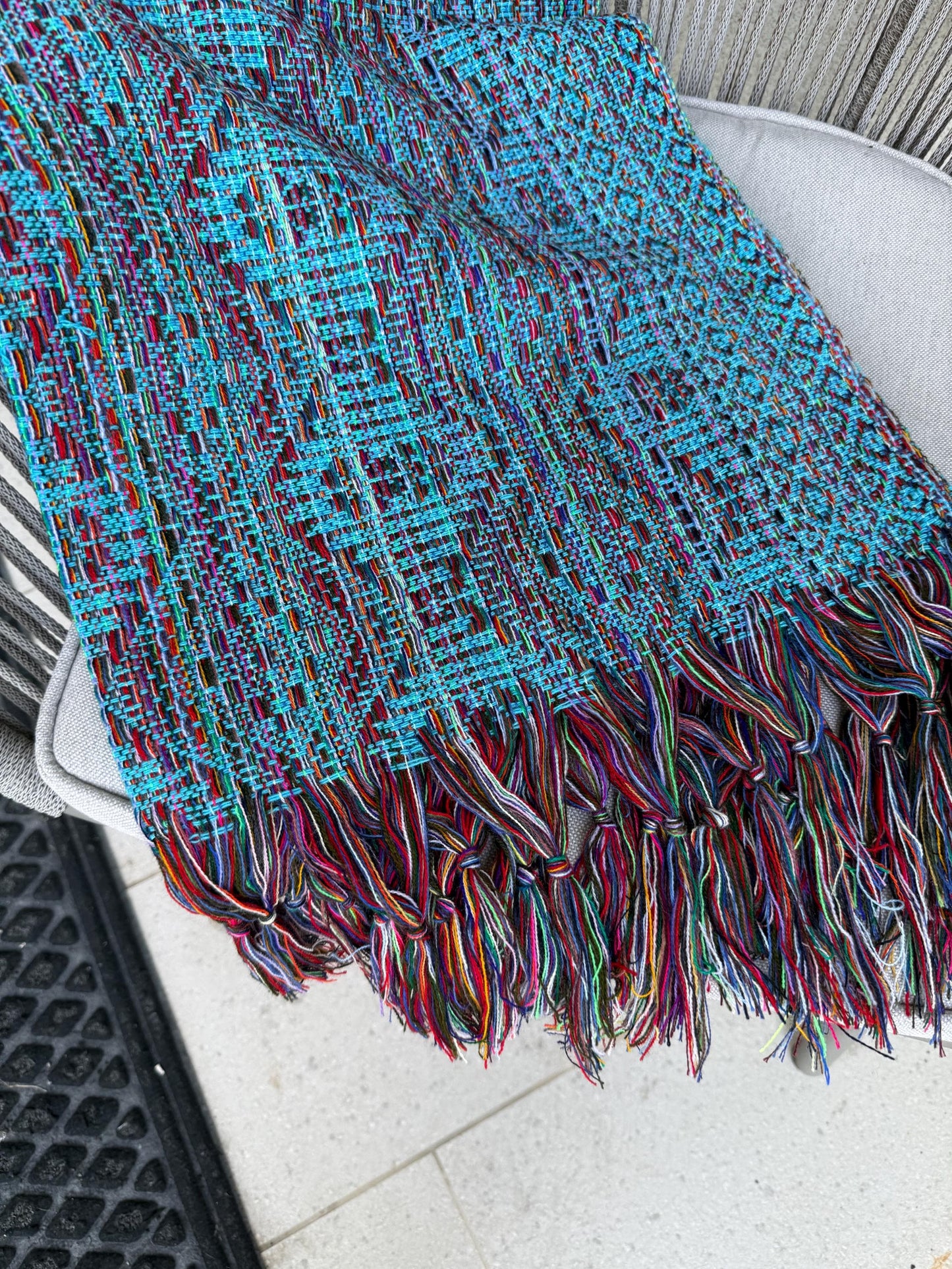 Traditional Mexican Rebozo | Turquoise | Multicolor | Shawl from Puebla | Loom-Woven Shawl | 80x28 in | CasaArtMex