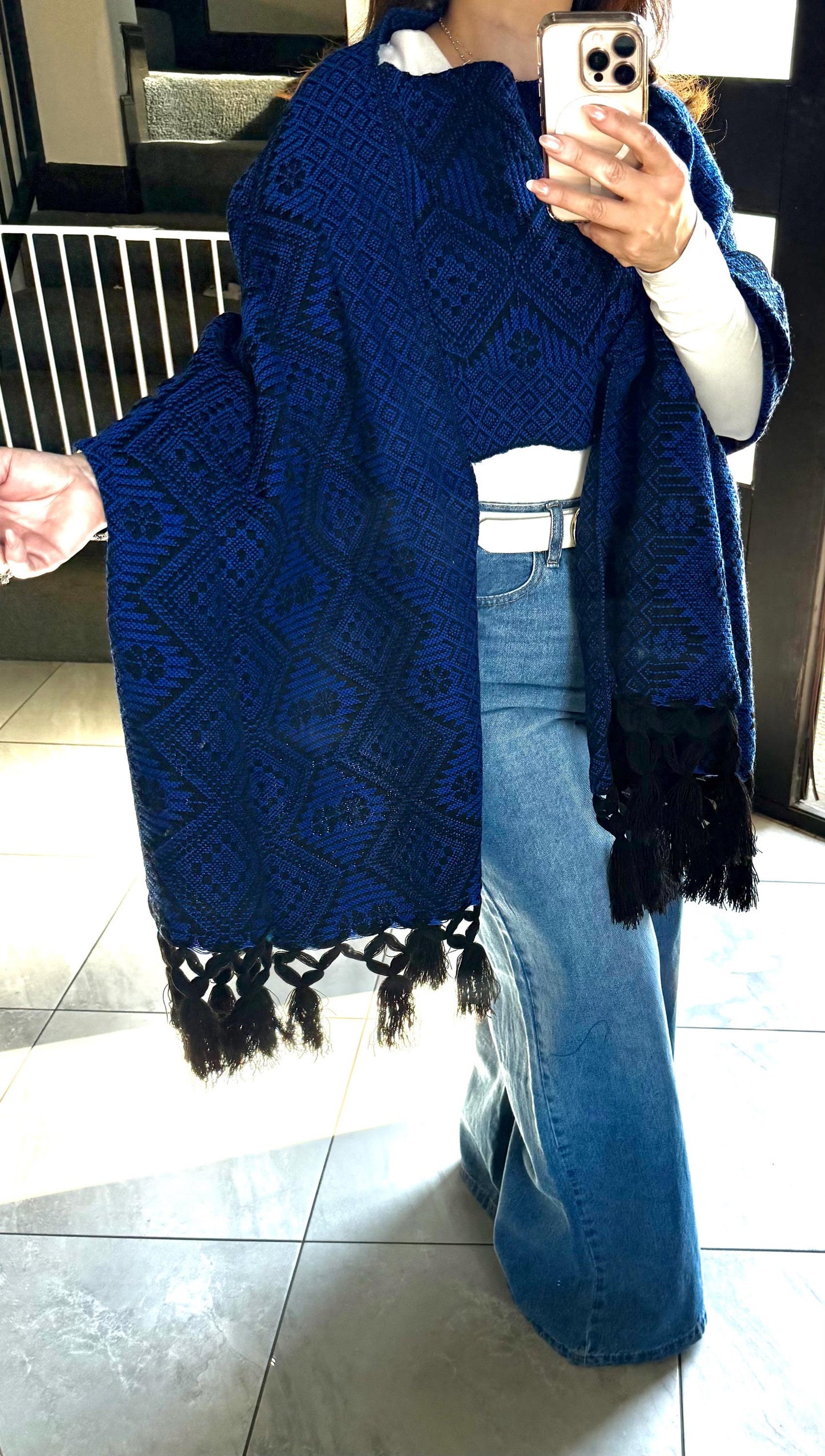 Handwoven Mexican Rebozo Shawl - Black & Blue Artisan Wrap