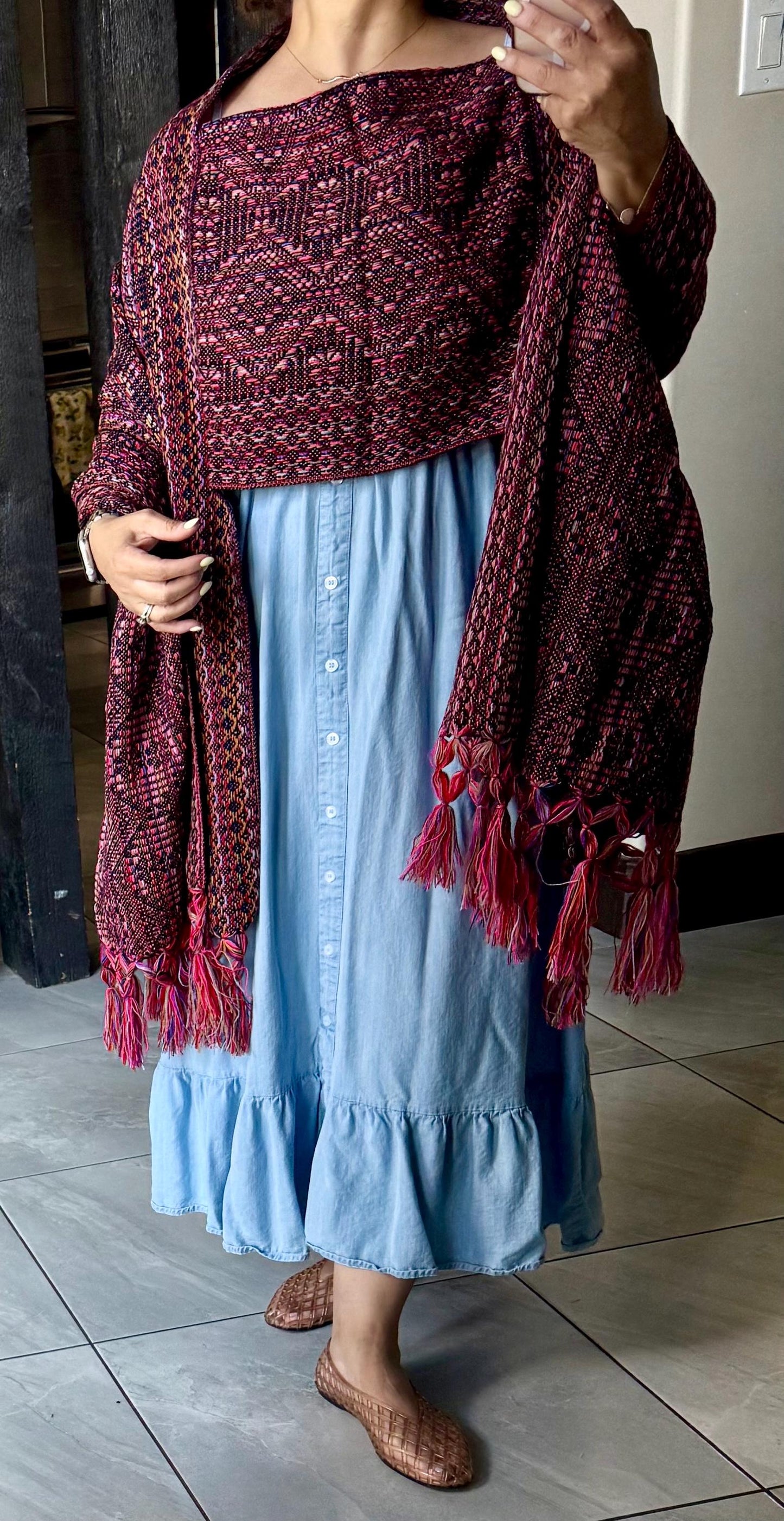 Mexican Rebozo with front panel – Black Multicolor Shawl from Puebla | 80x28 in | CasaArtMex
