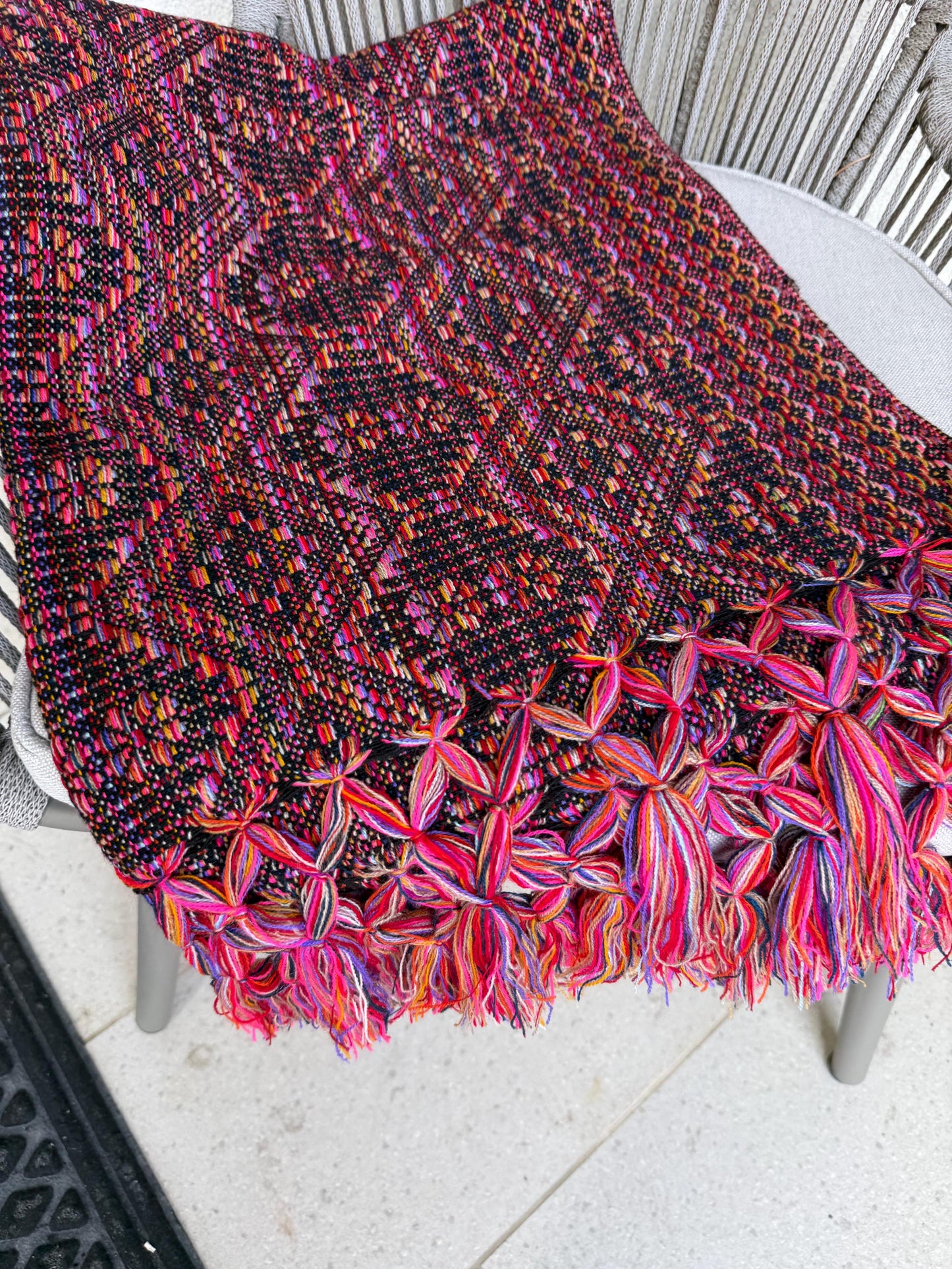 Mexican Rebozo with front panel – Black Multicolor Shawl from Puebla | 80x28 in | CasaArtMex