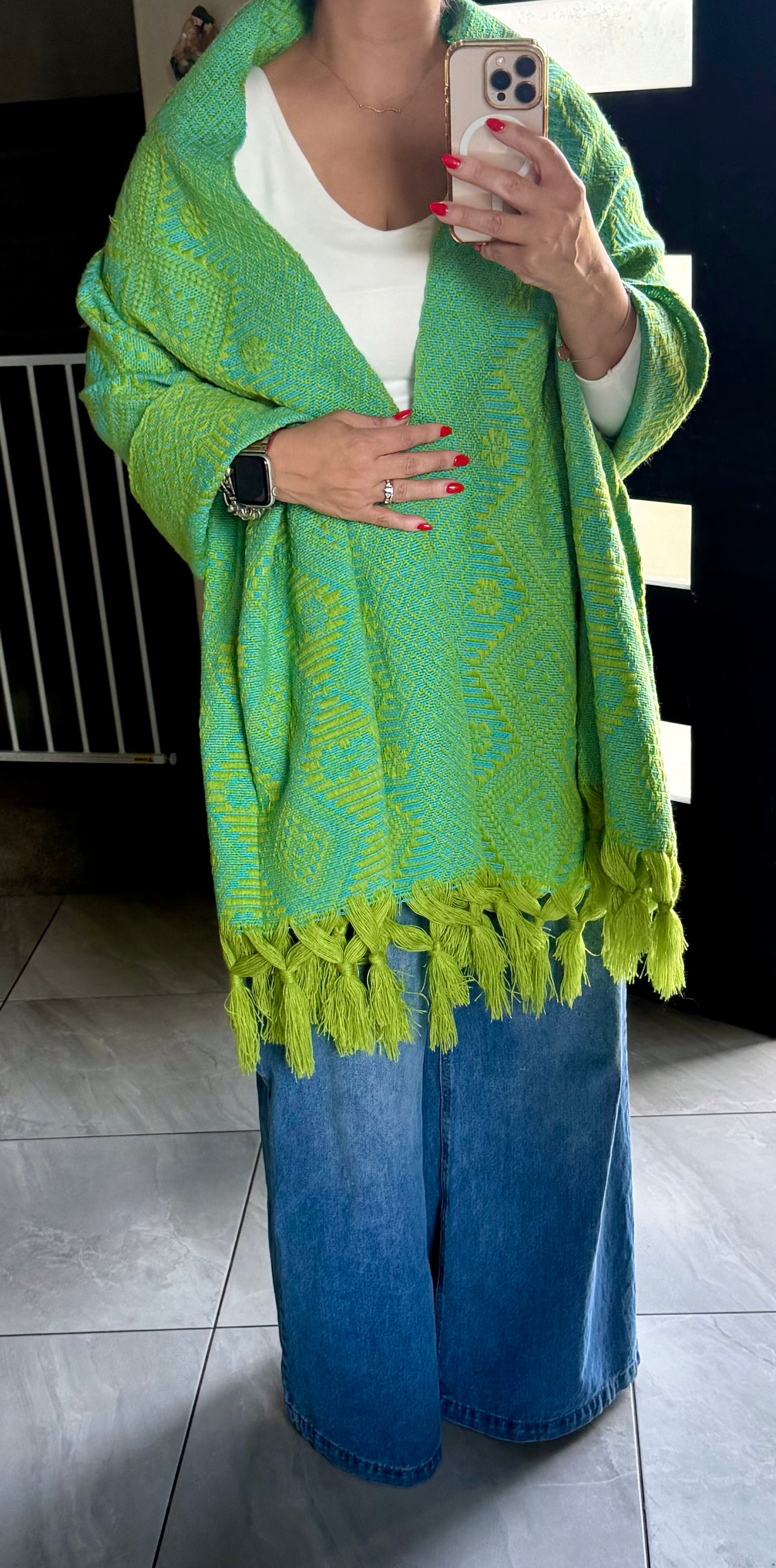 Mexican Rebozo Shawl Green & Turquoise Handwoven Artisan Wrap – Authentic Mexican Scarf from Puebla