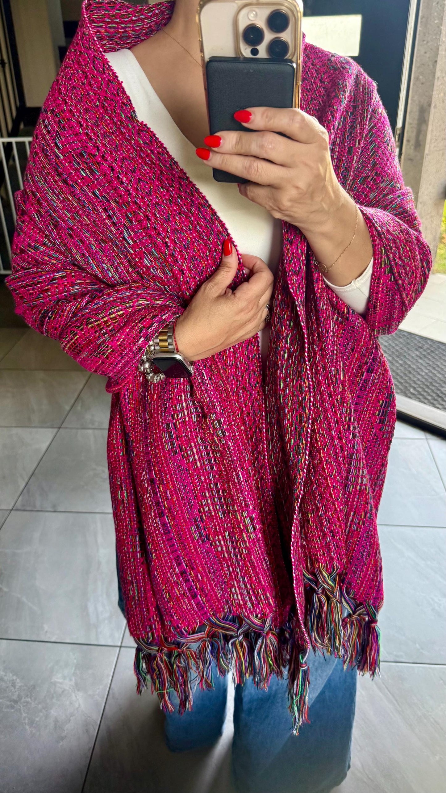 Mexican Rebozo  with front panel – Rosa Mexicano | Multicolor Shawl from Puebla | 80x28 in | CasaArtMex