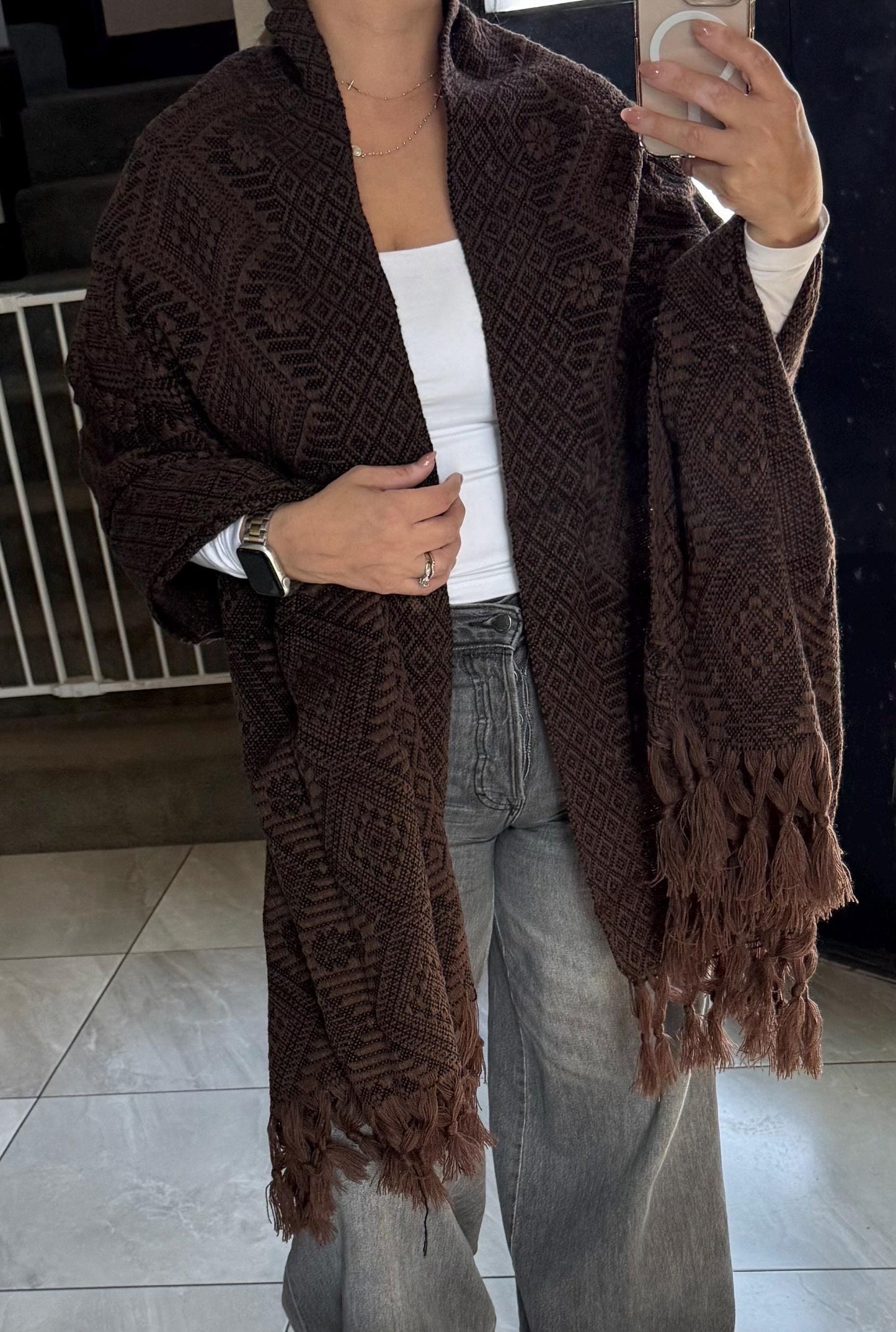 Handwoven Mexican Rebozo Shawl | Brown & Black | Traditional Loom-Woven from Puebla – 80x28 in – CasaArtMex