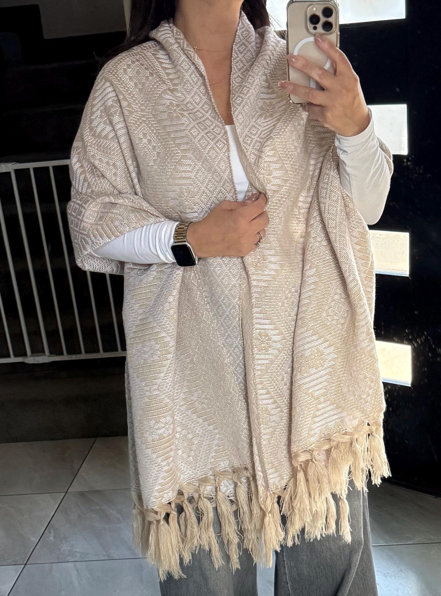 Traditional Handwoven Mexican Rebozo Khaki & White Shawl from Puebla | Loom-Woven Shawl | 80x28 in | CasaArtMex