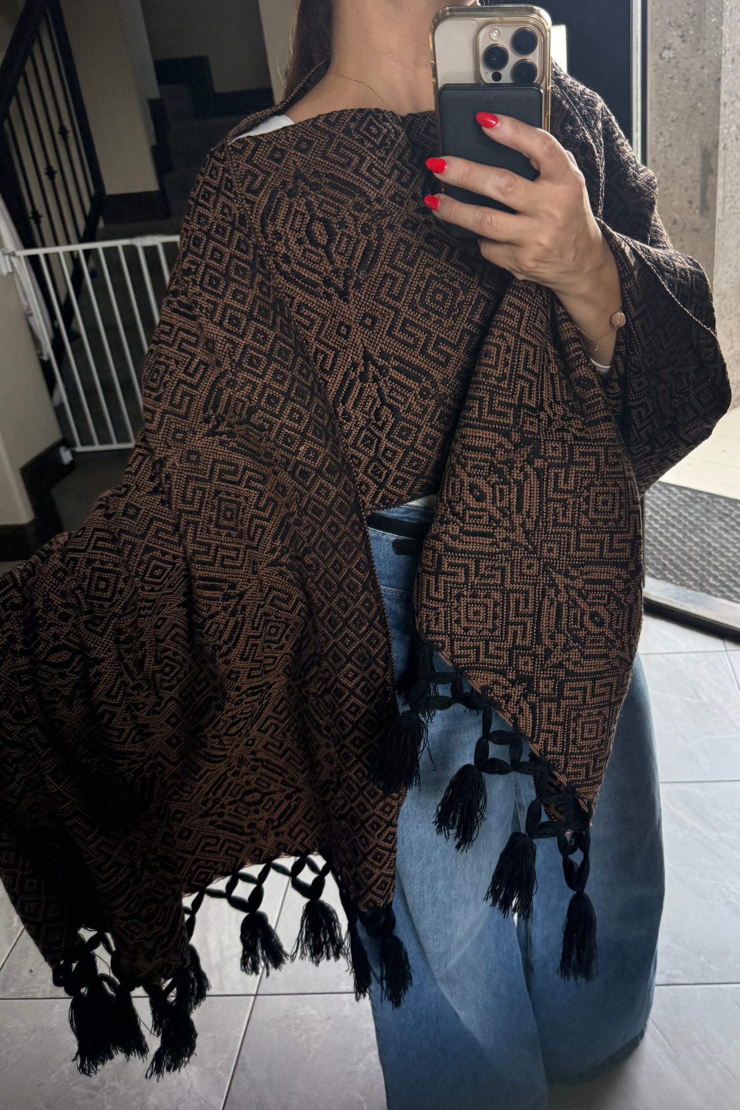 Handwoven Mexican Rebozo – Black and Brown Shawl from Puebla | 80x28 in | CasaArtMex