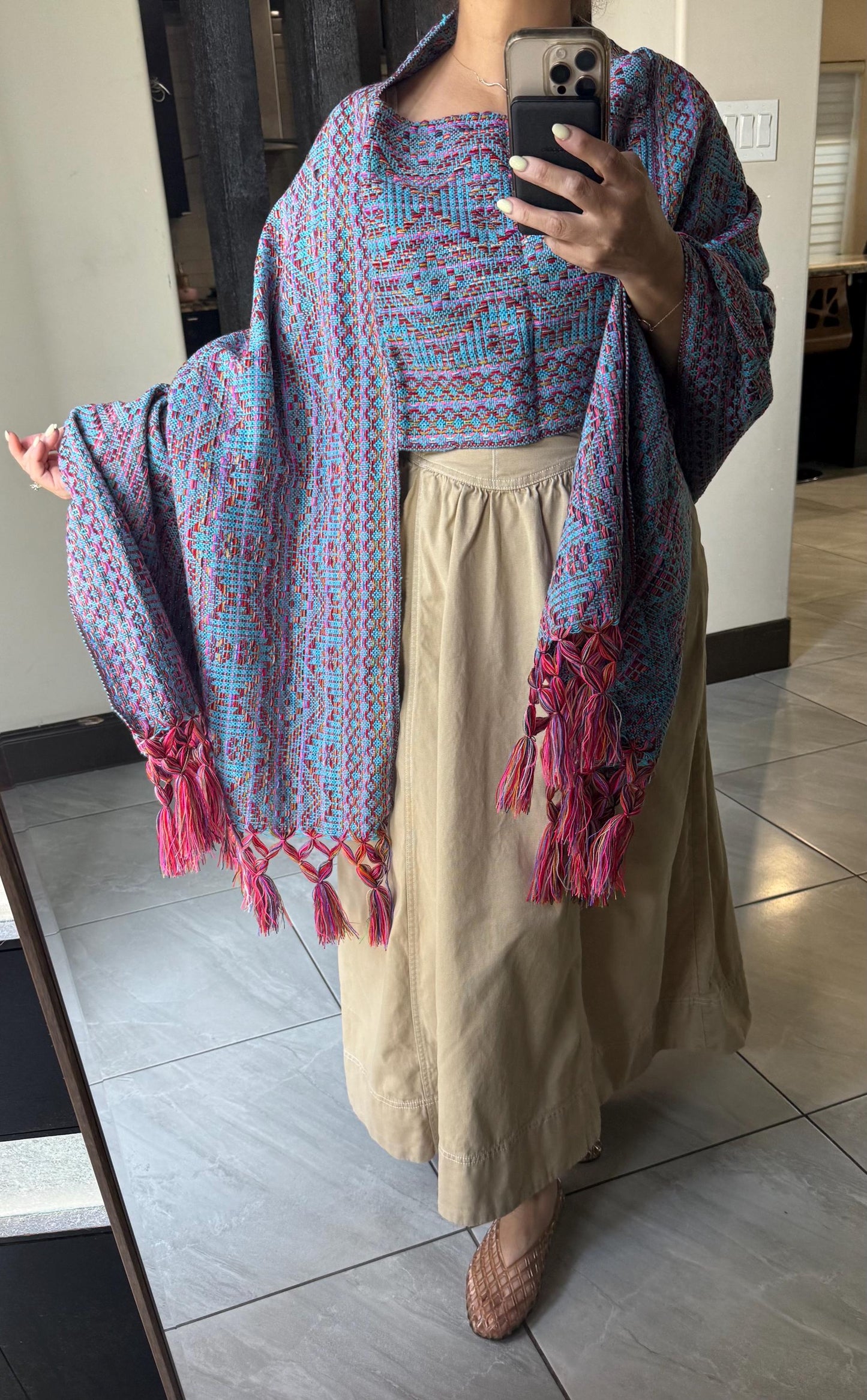 Mexican Rebozo with front panel – Turquoise Multicolor Shawl from Puebla | 80x28 in | CasaArtMex