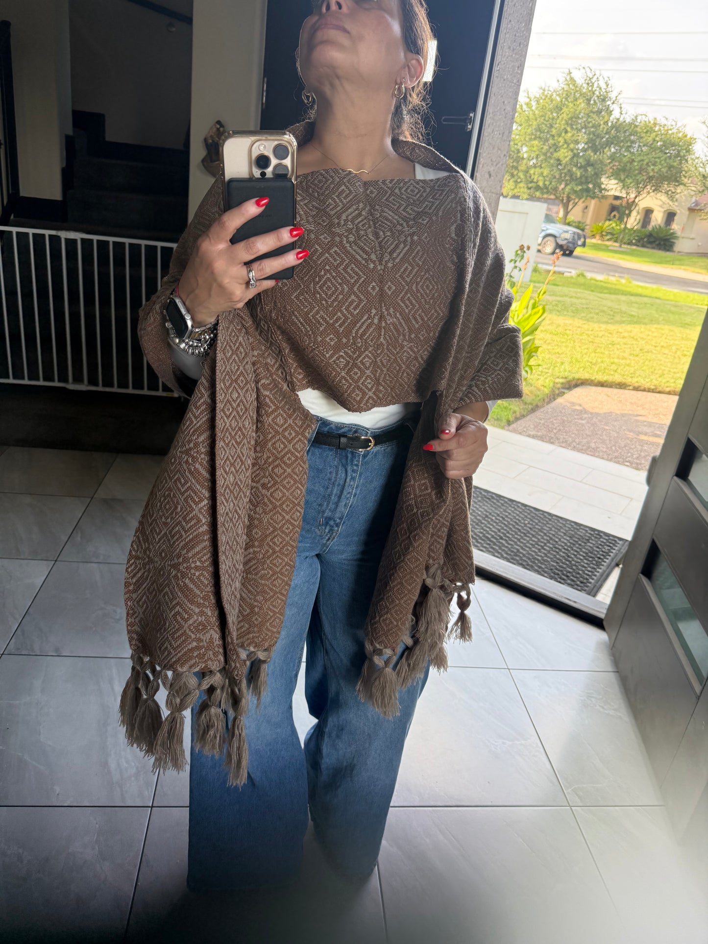 Handwoven Mexican Rebozo – Khaki and Brown Shawl from Puebla | 80x28 in | CasaArtMex