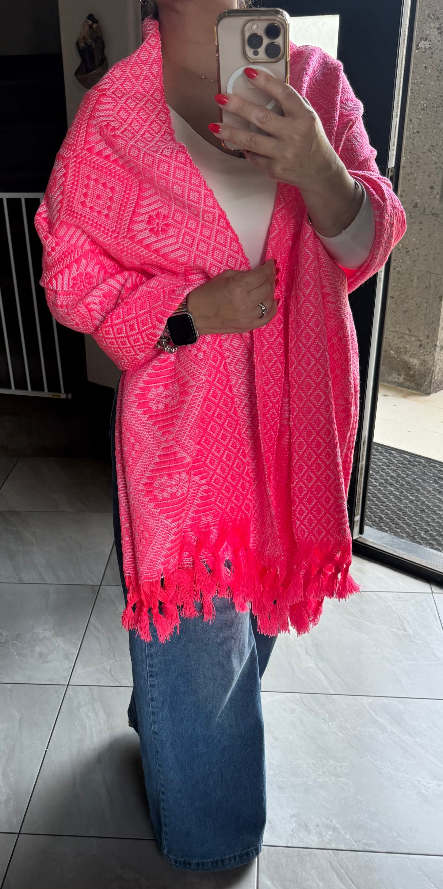 Mexican Rebozo Shawl Hot Pink & White Handwoven Artisan Wrap – Authentic Mexican Scarf from Puebla