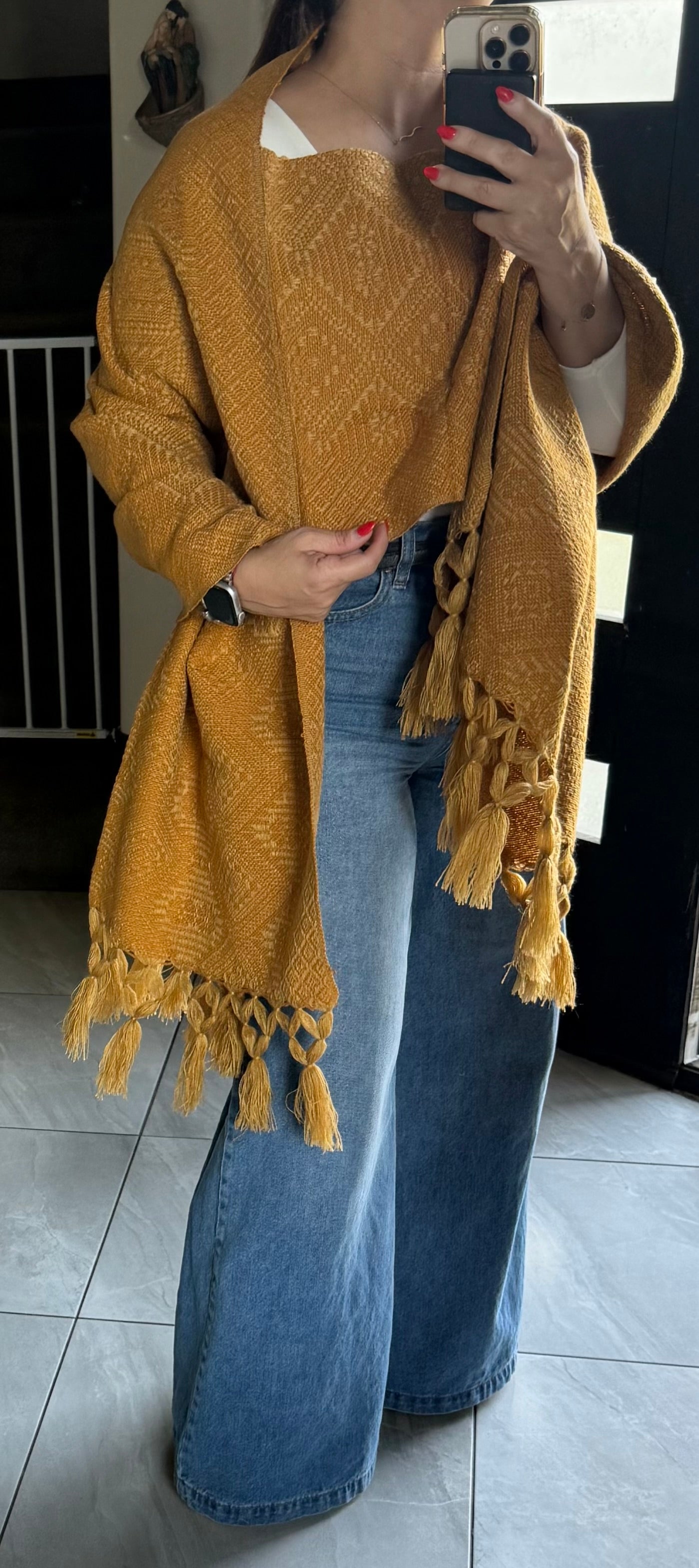 Handwoven Mexican Rebozo – Mustard Shawl from Puebla | 80x28 in | CasaArtMex