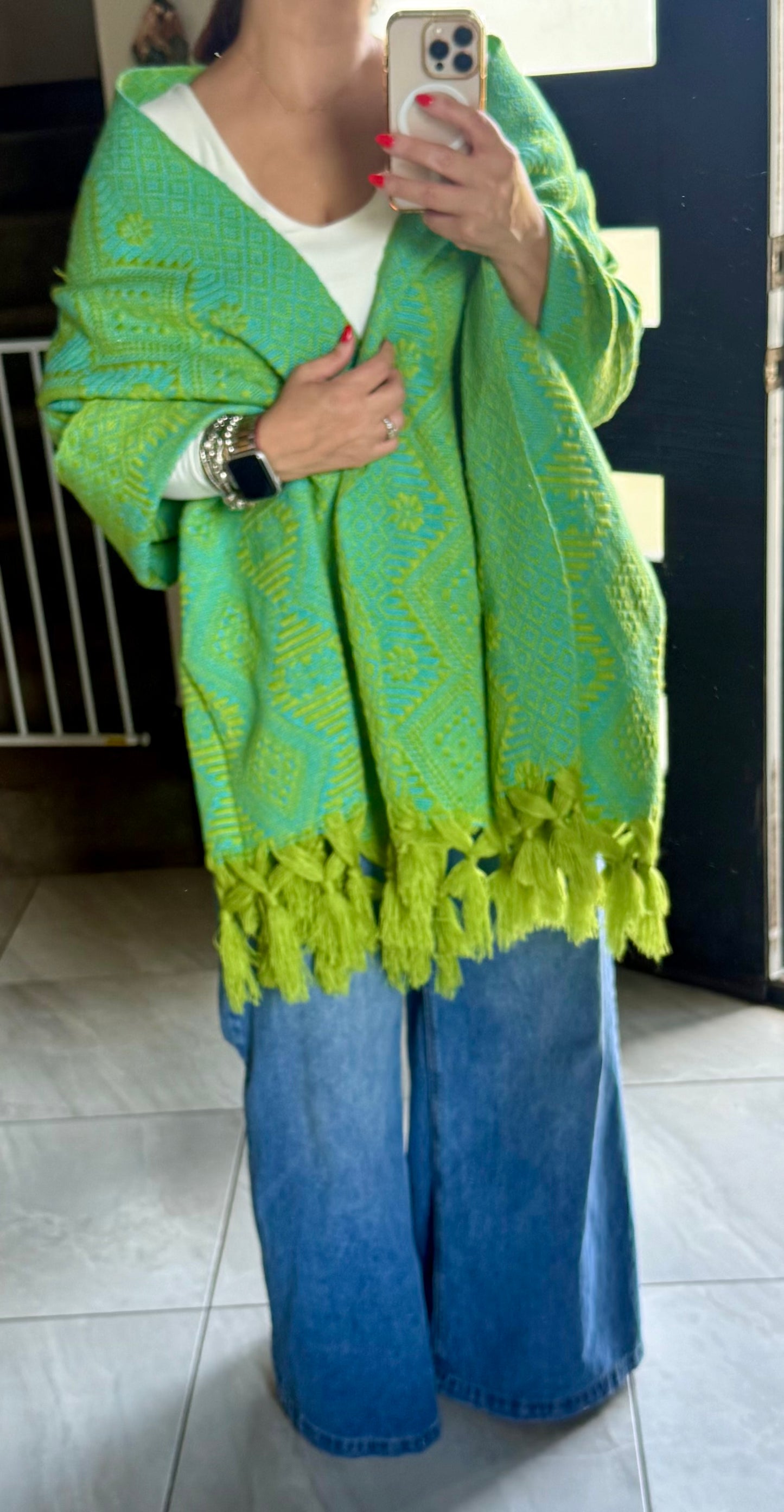 Mexican Rebozo Shawl Green & Turquoise Handwoven Artisan Wrap – Authentic Mexican Scarf from Puebla