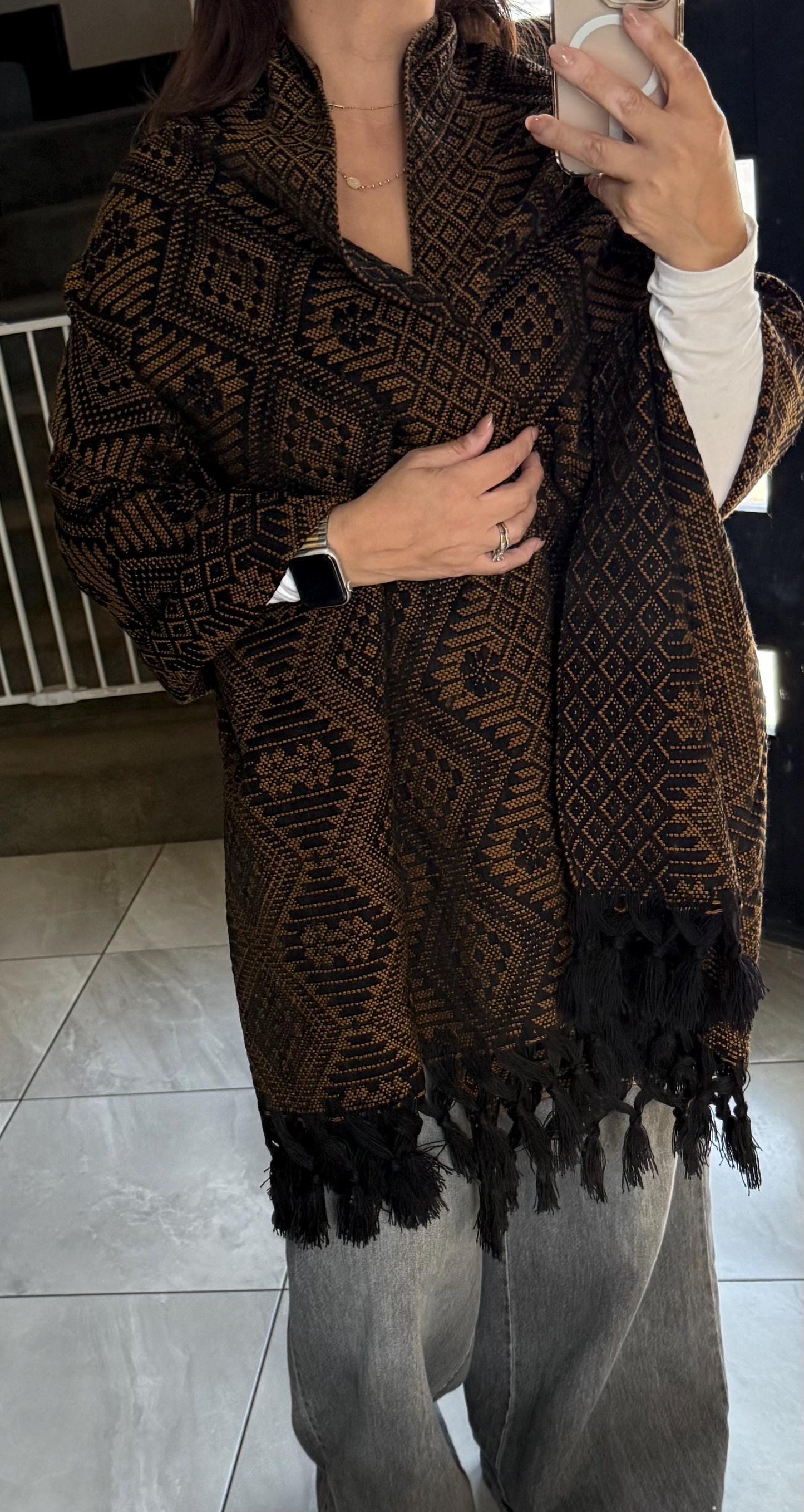 Handwoven Mexican Rebozo Shawl | Black & brown | Traditional Loom-Woven from Puebla – 80x28 in – CasaArtMex