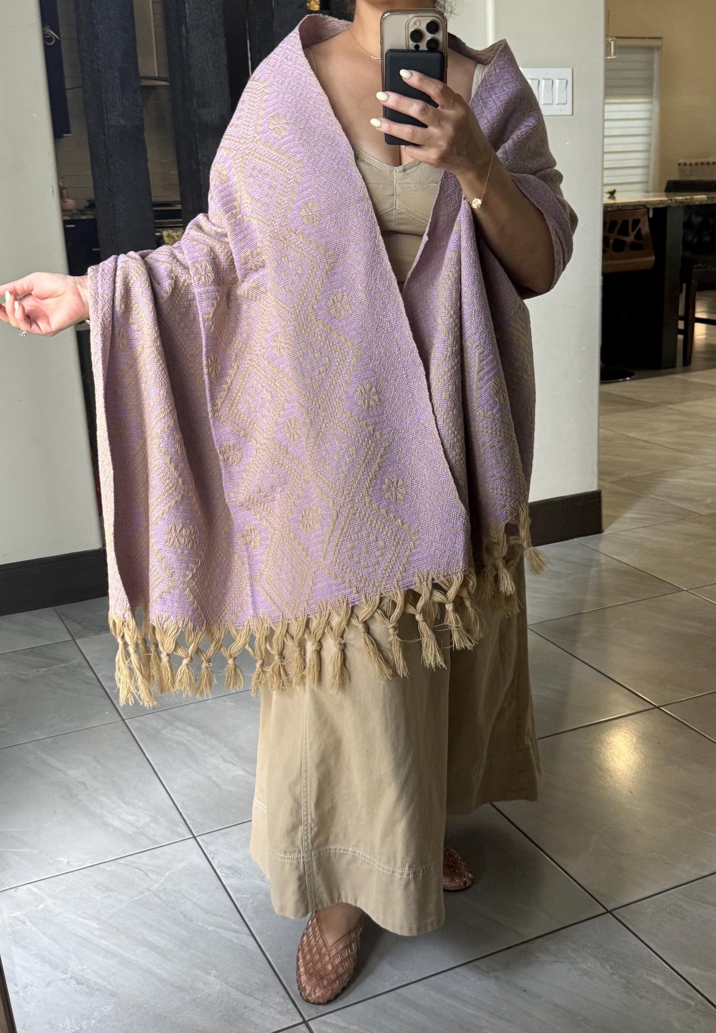 Traditional Handwoven Mexican Rebozo Shawl from Puebla | Lavender & Khaki  Shawl | 80x28 in | CasaArtMex