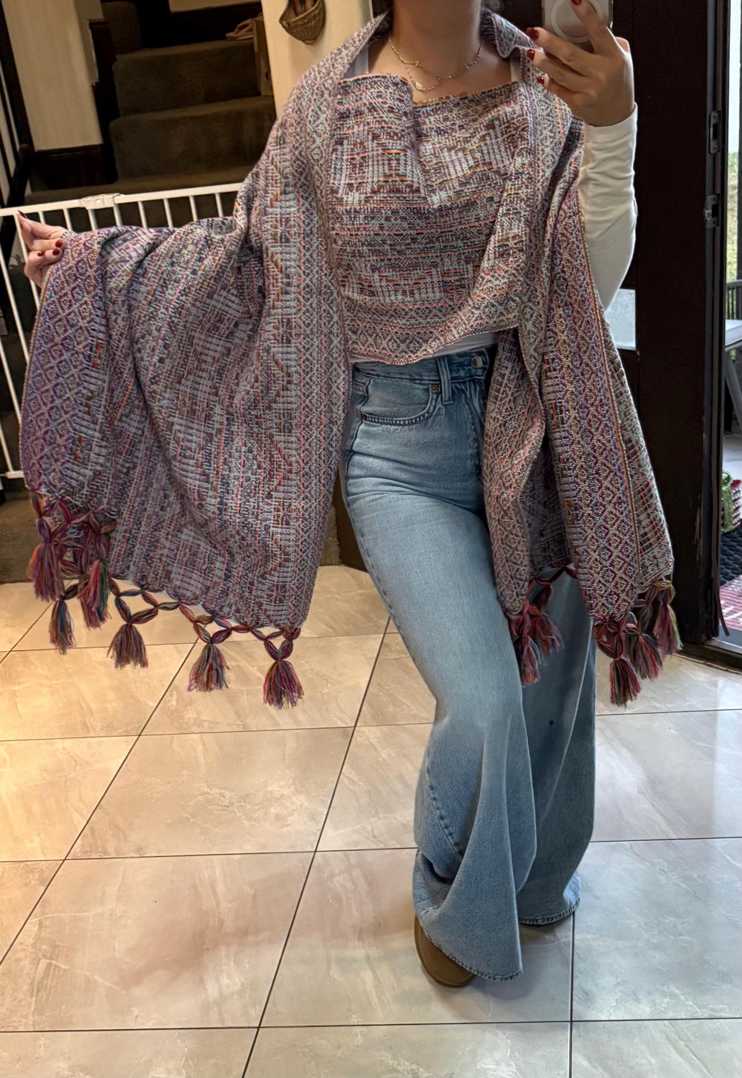 Mexican Rebozo with front panel –  Baby blue Multicolor Shawl from Puebla | 80x28 in | CasaArtMex