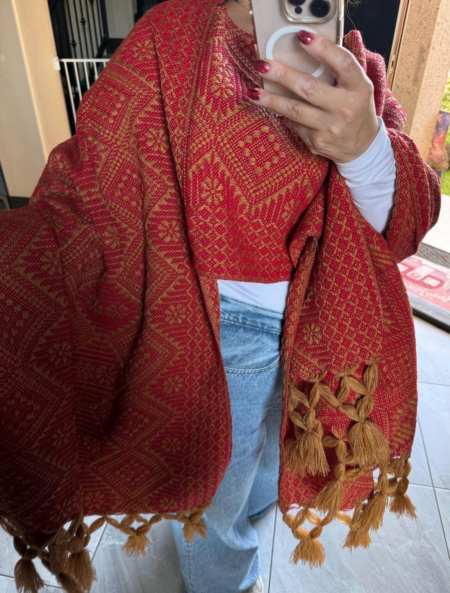 Mexican Rebozo Shawl with front panel (pechera) Gold & Red  – Handwoven Artisan Wrap – Authentic Mexican Scarf from Puebla