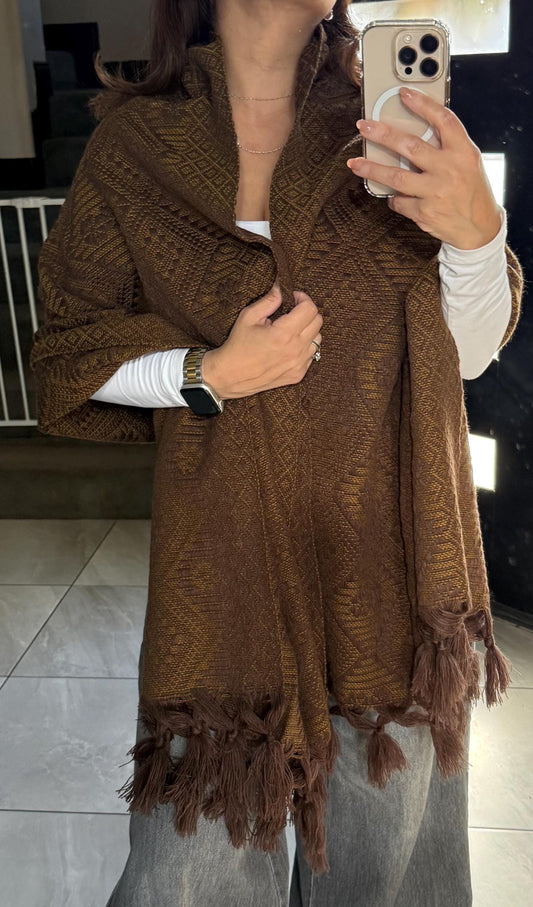 Handwoven Mexican Rebozo Shawl | Brown & Yellow Loom-Woven Wrap