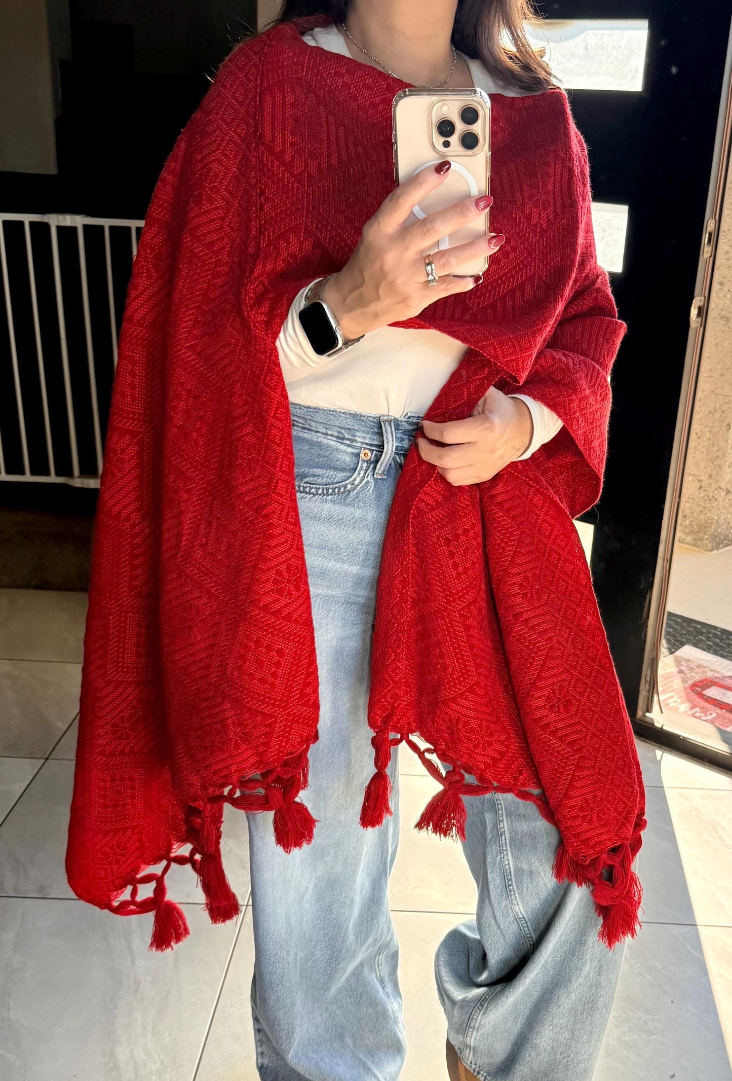 Handwoven Mexican Rebozo – Red Shawl from Puebla | 80x28 in | CasaArtMex