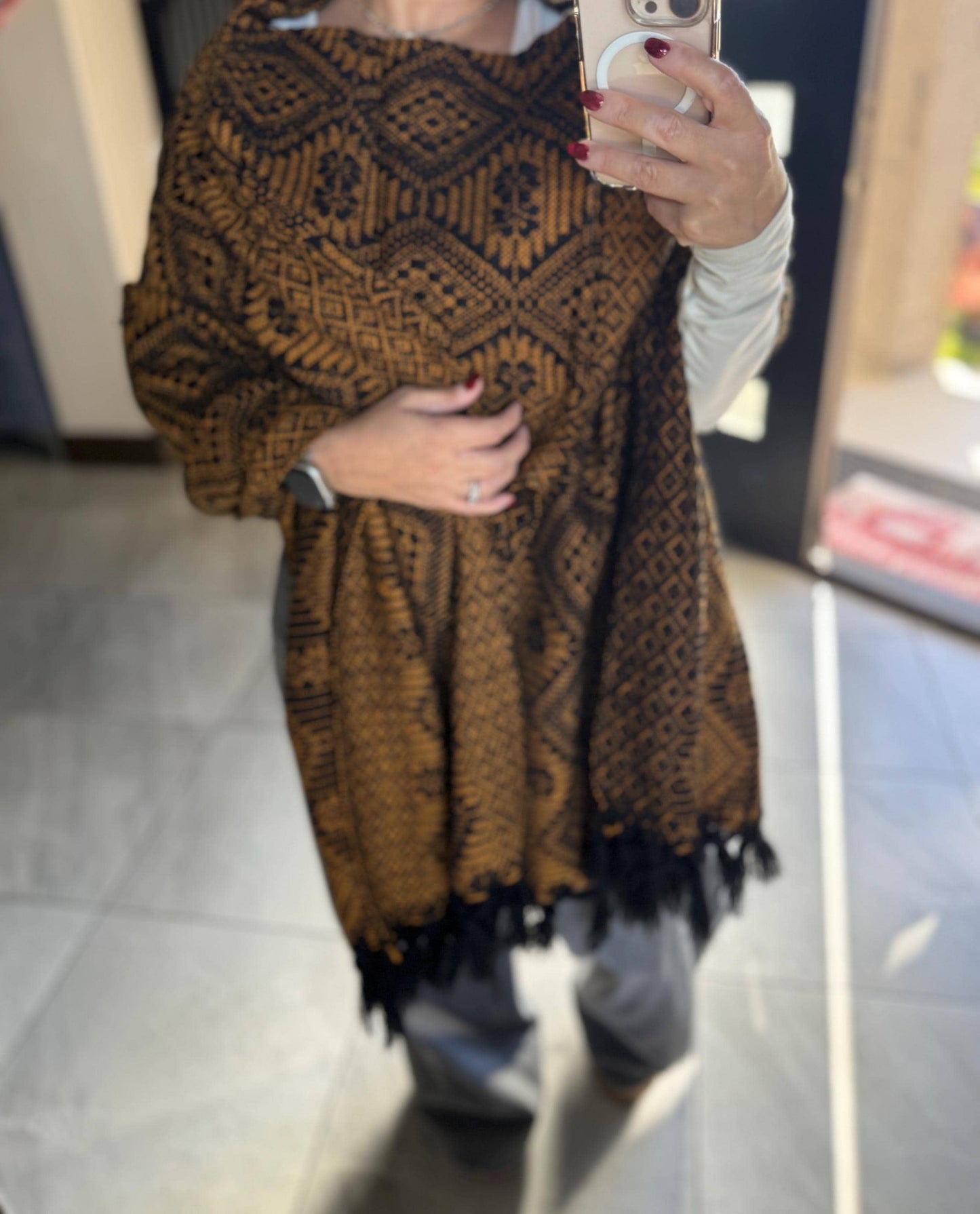 Handwoven Mexican Rebozo Shawl – Black & Yellow Puebla Scarf