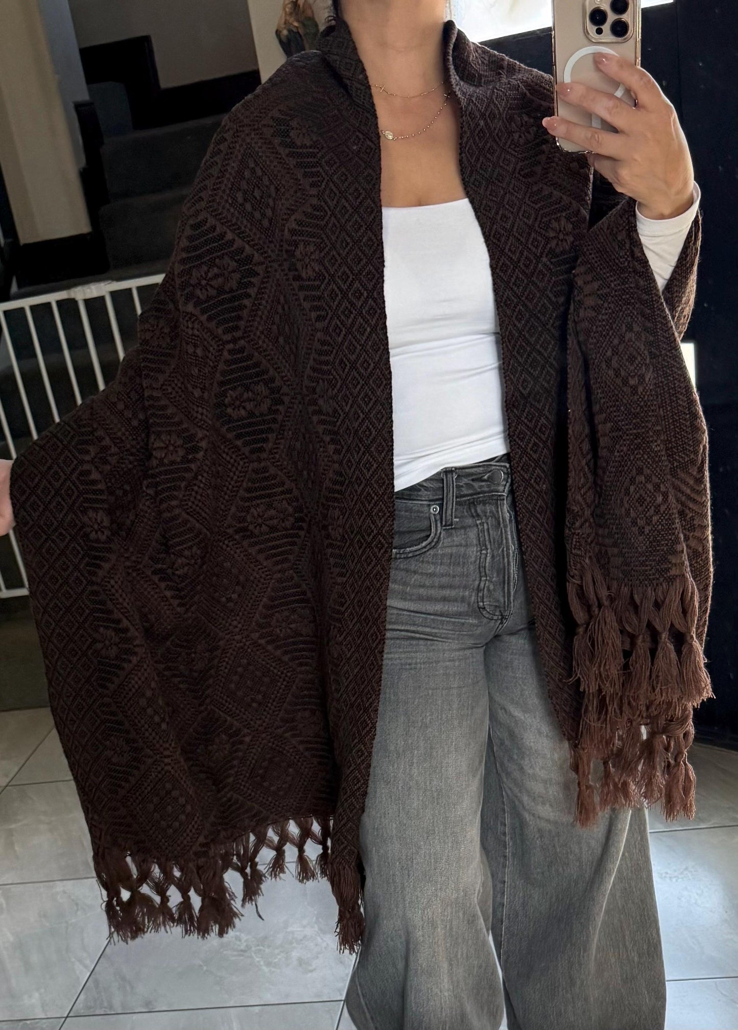 Handwoven Mexican Rebozo Shawl | Brown & Black | Traditional Loom-Woven from Puebla – 80x28 in – CasaArtMex