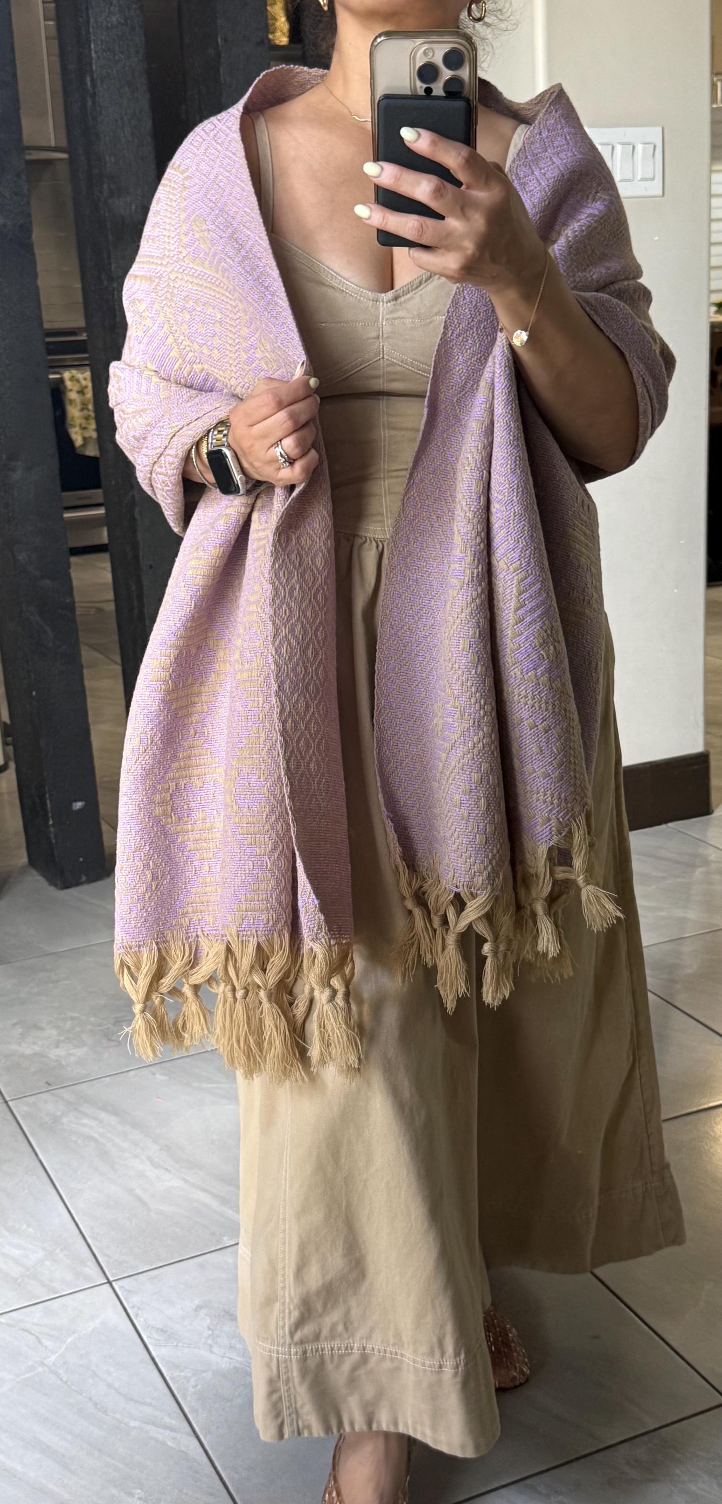 Traditional Handwoven Mexican Rebozo Shawl from Puebla | Lavender & Khaki  Shawl | 80x28 in | CasaArtMex